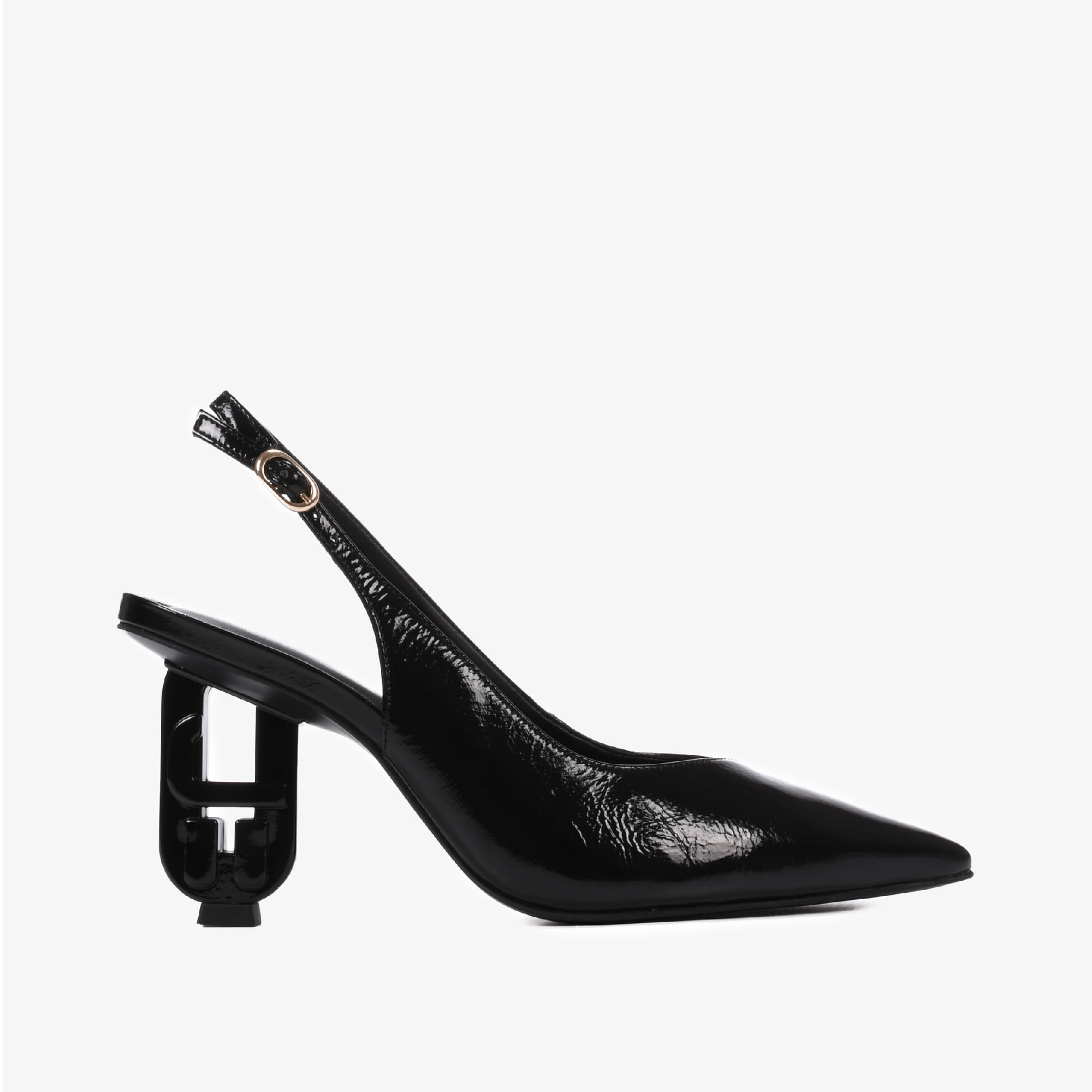 Slingback Preto Salto Exclusivo JB Heel Couro Brilhoso