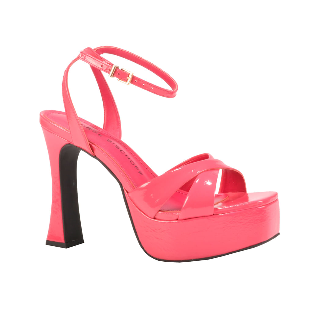 Sandália Plataforma Rosa Hibisco Salto Super Alto Couro