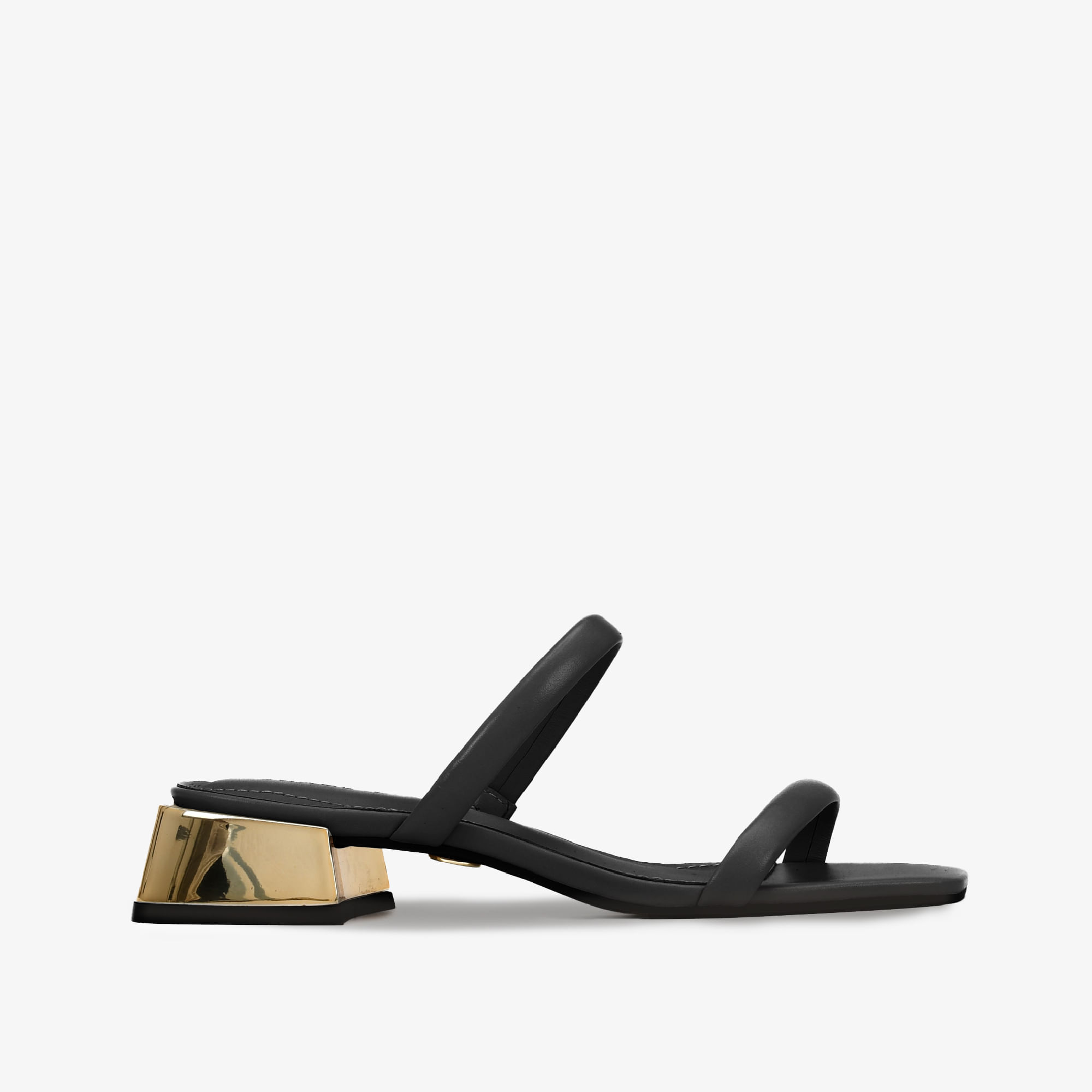 Tamanco Preto Salto Bloco Baixo Metal Dourado Couro
