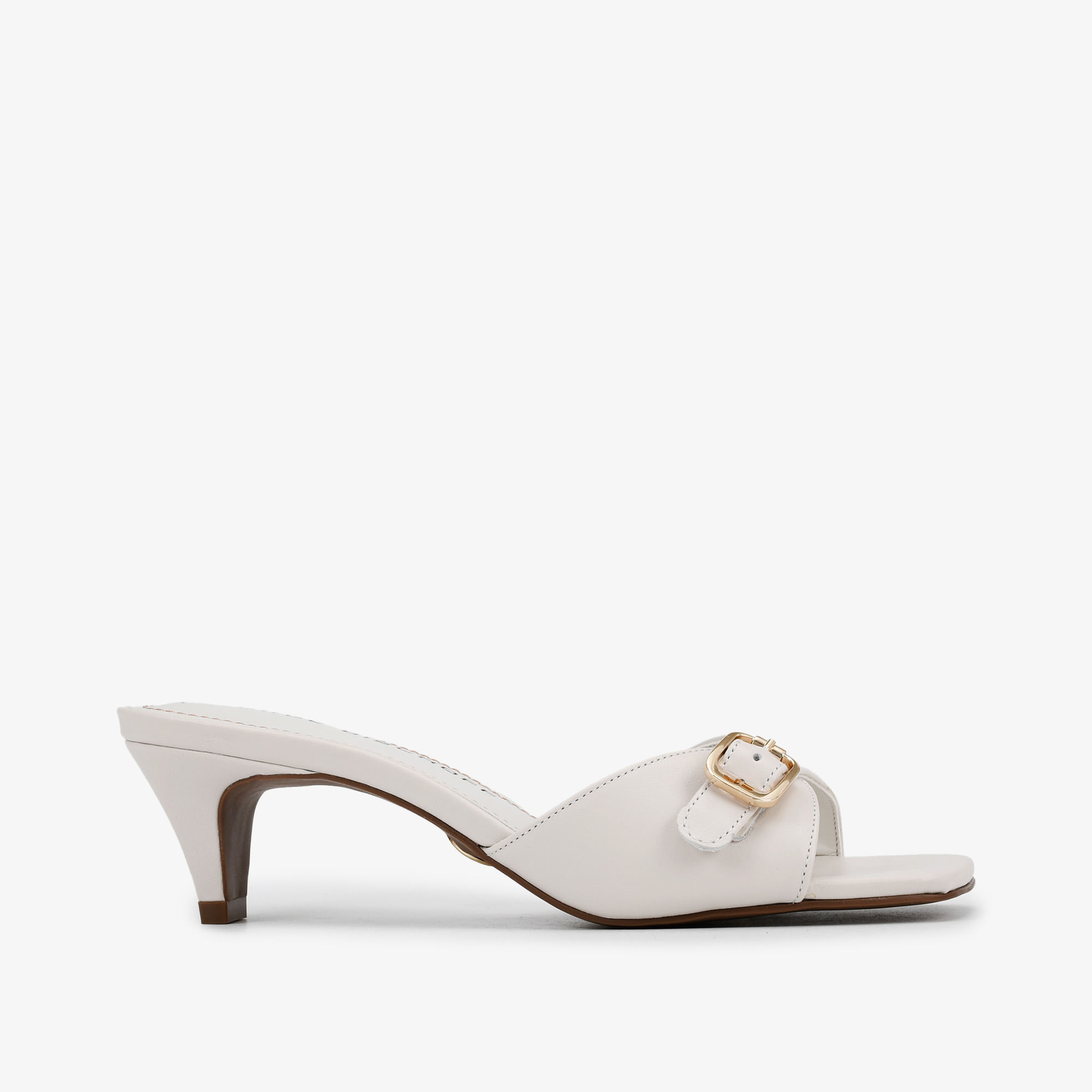 Tamanco Branco Blanc Fivela Dourado Couro