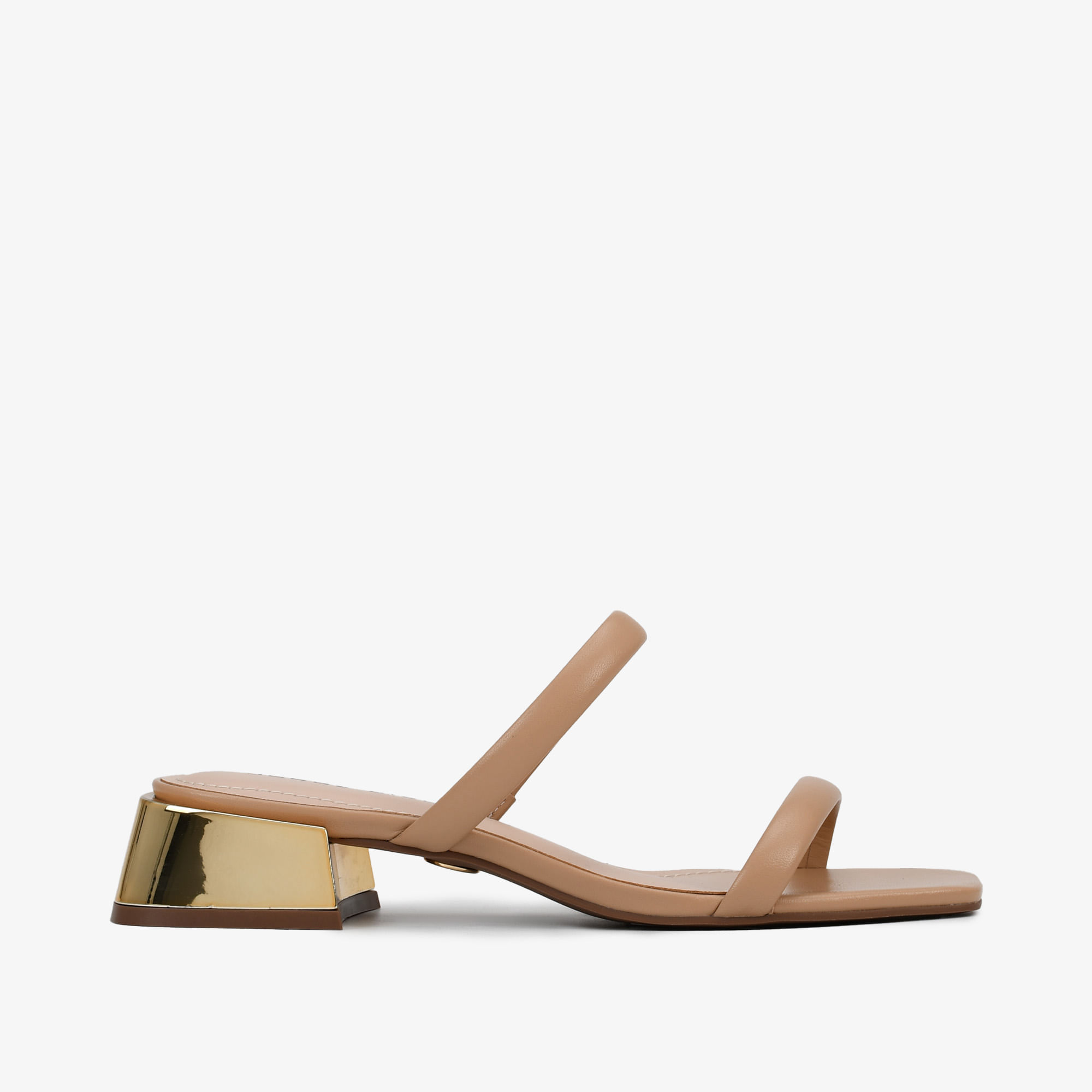 Tamanco Nude Linho Salto Bloco Baixo Metal Dourado Couro