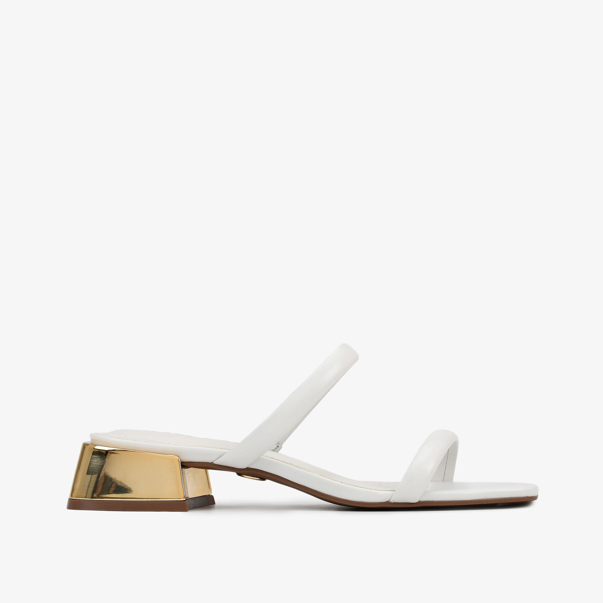Tamanco Branco Blanc Salto Bloco Baixo Metal Dourado Couro