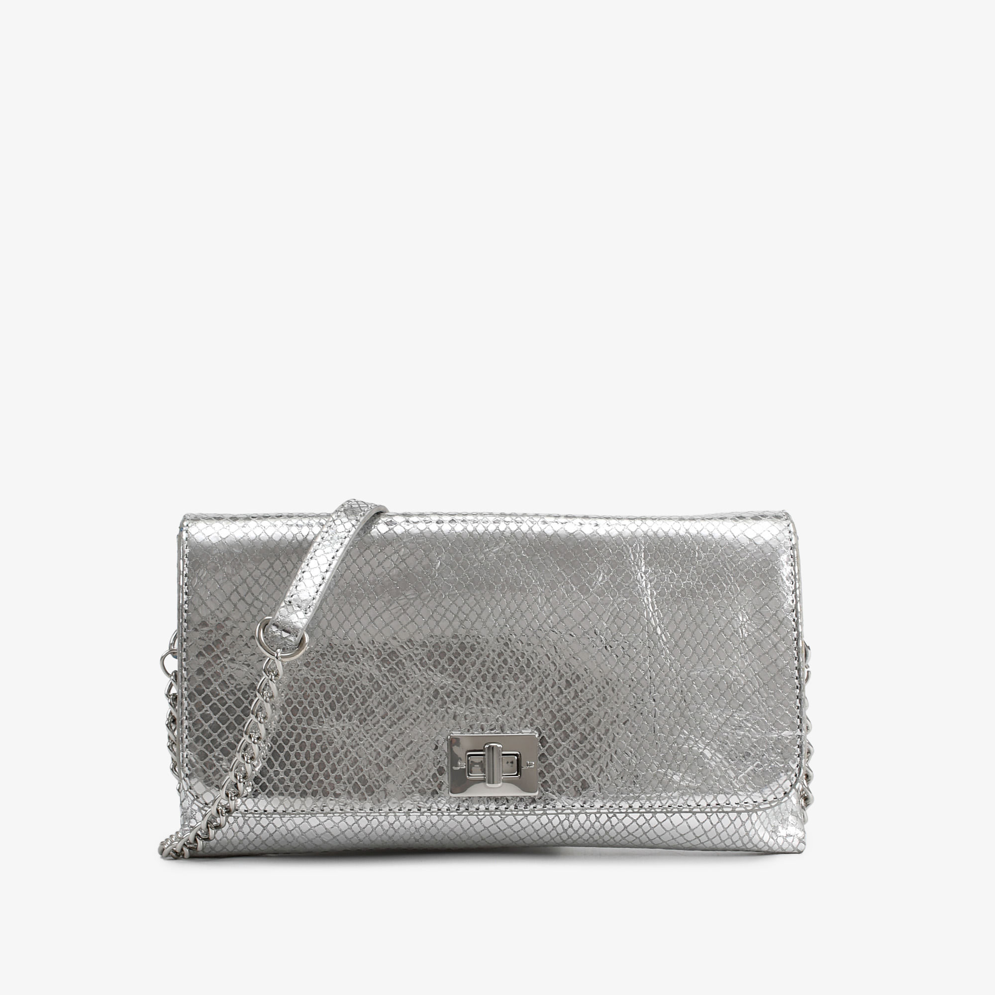 Bolsa Transversal Prata Couro Brilhoso