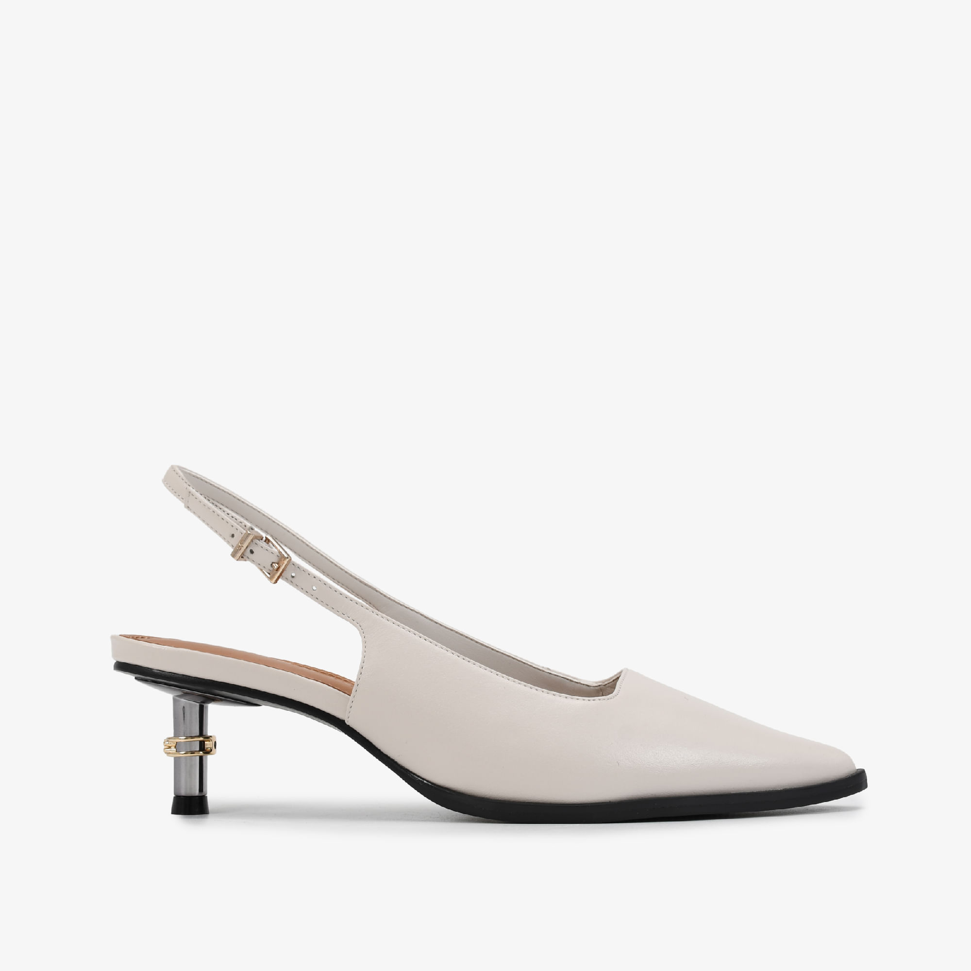 Slingback Branco Blanc Bico Fino Salto Baixo Couro