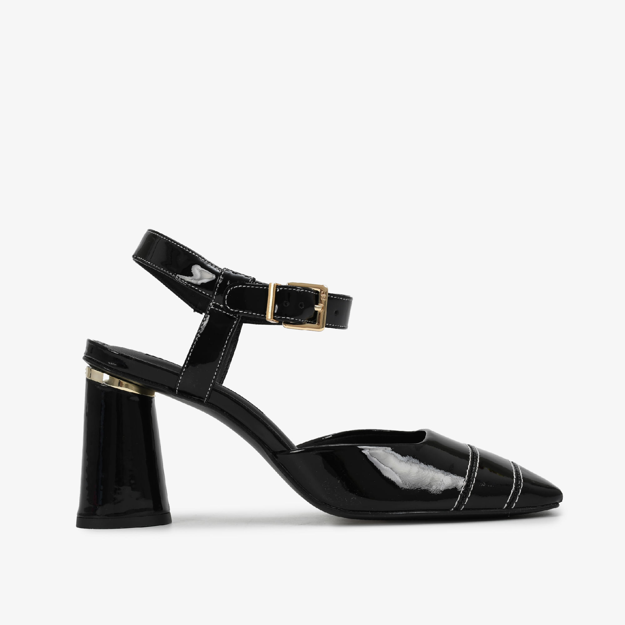 Slingback Preto Salto Alto Bloco Couro Brilhoso