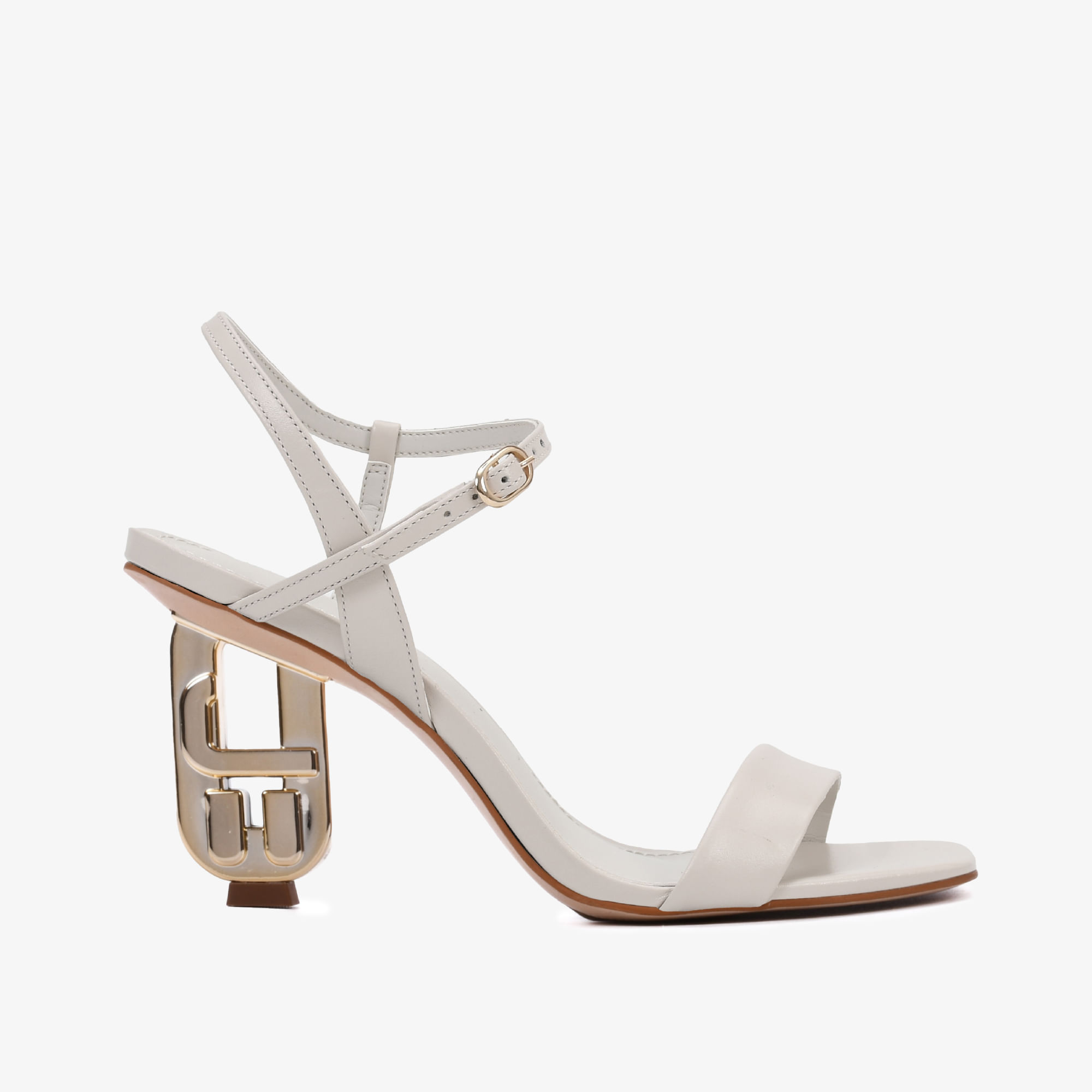 Sandália Branco Blanc Salto Exclusivo JB Heel Dourado Couro Brilhoso