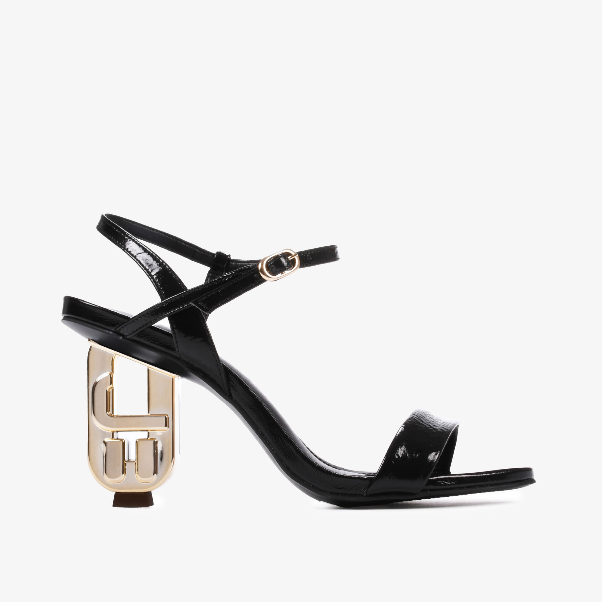 Sandália Preto Salto Exclusivo JB Heel Dourado Couro Brilhoso