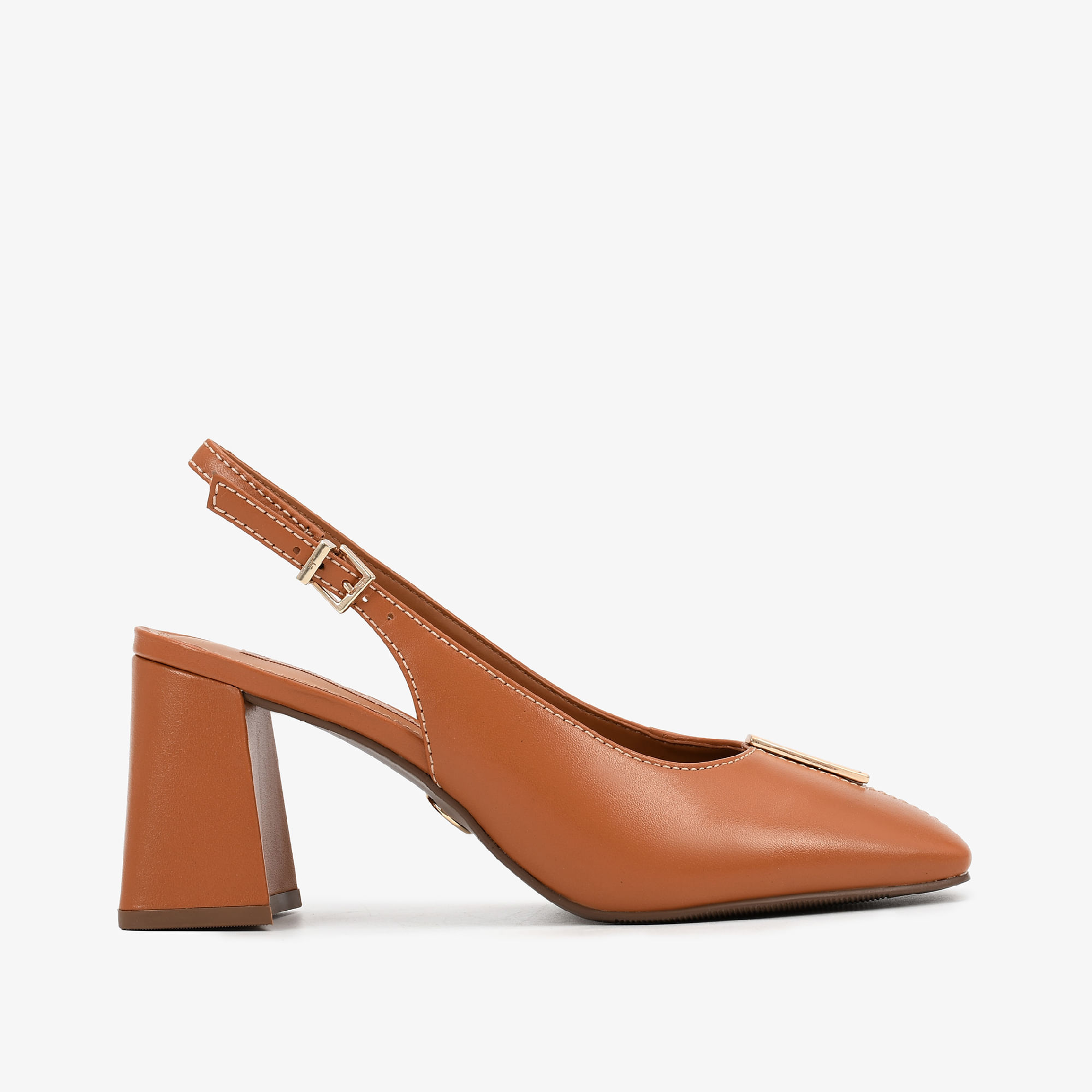 Slingback Marrom Caramelo Salto Bloco Couro