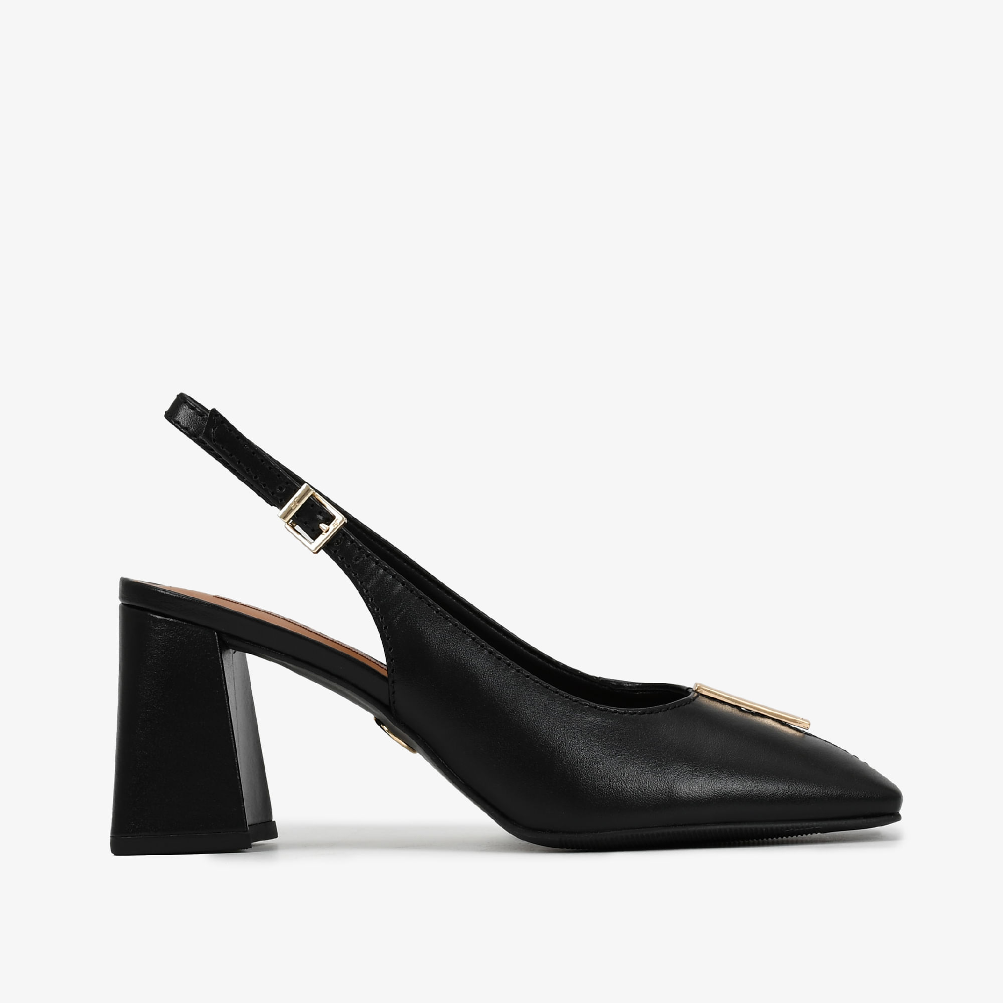 Slingback Preto Salto Bloco Couro