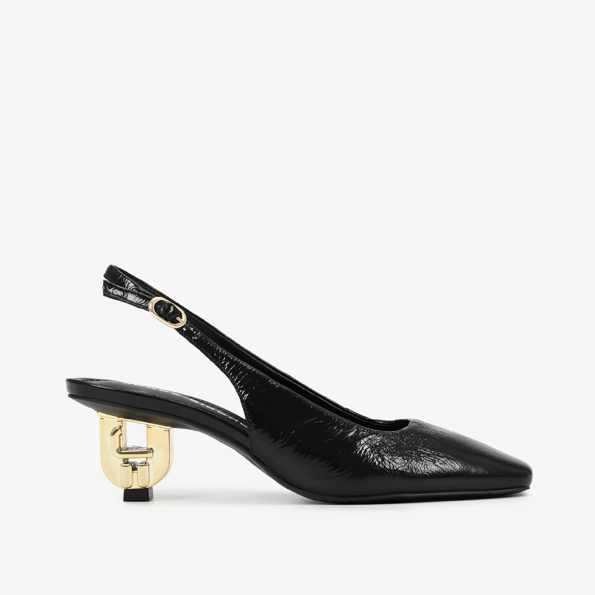Slingback Preto Dourado Salto Exclusivo JB Heel  Couro