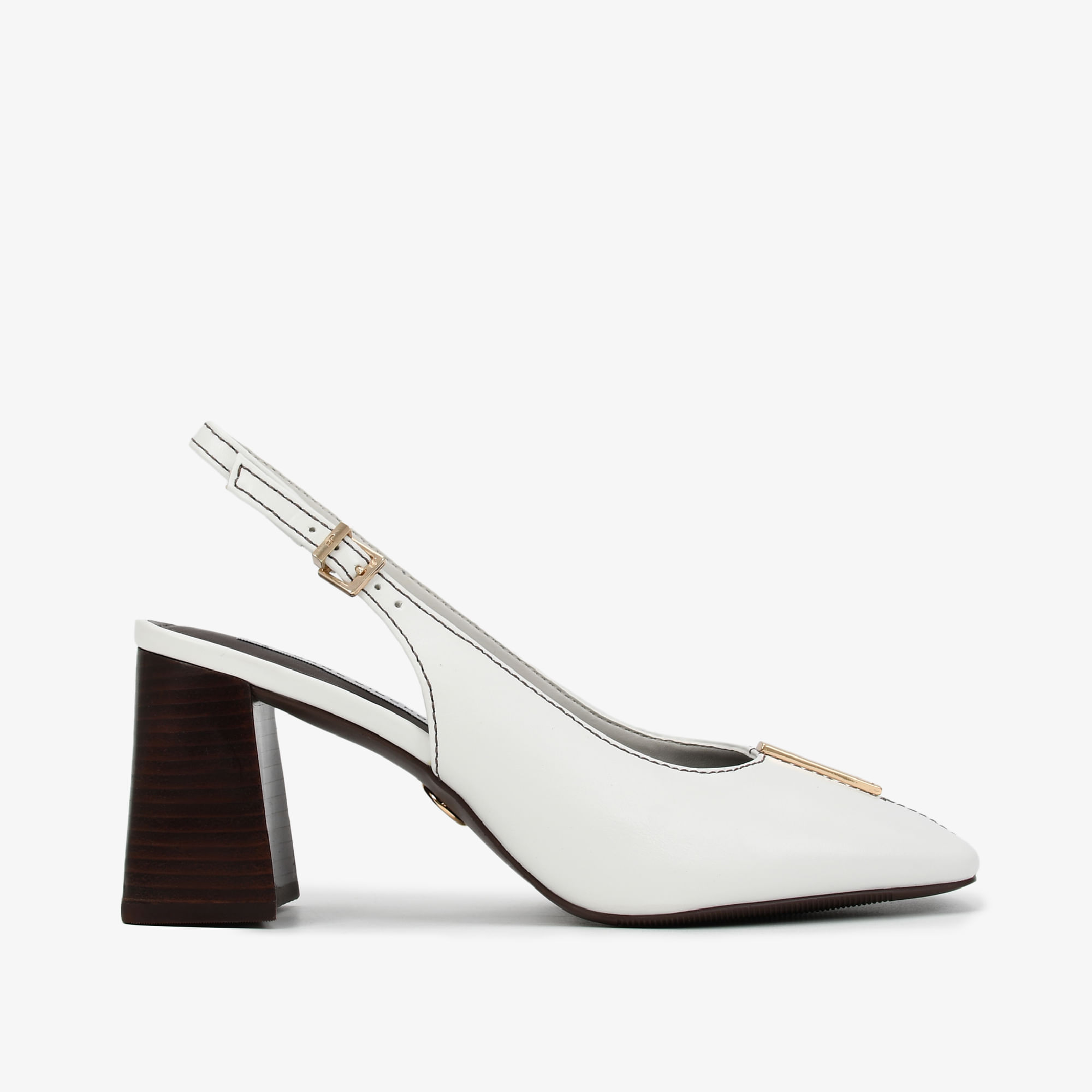 Slingback Branco Salto Bloco Couro