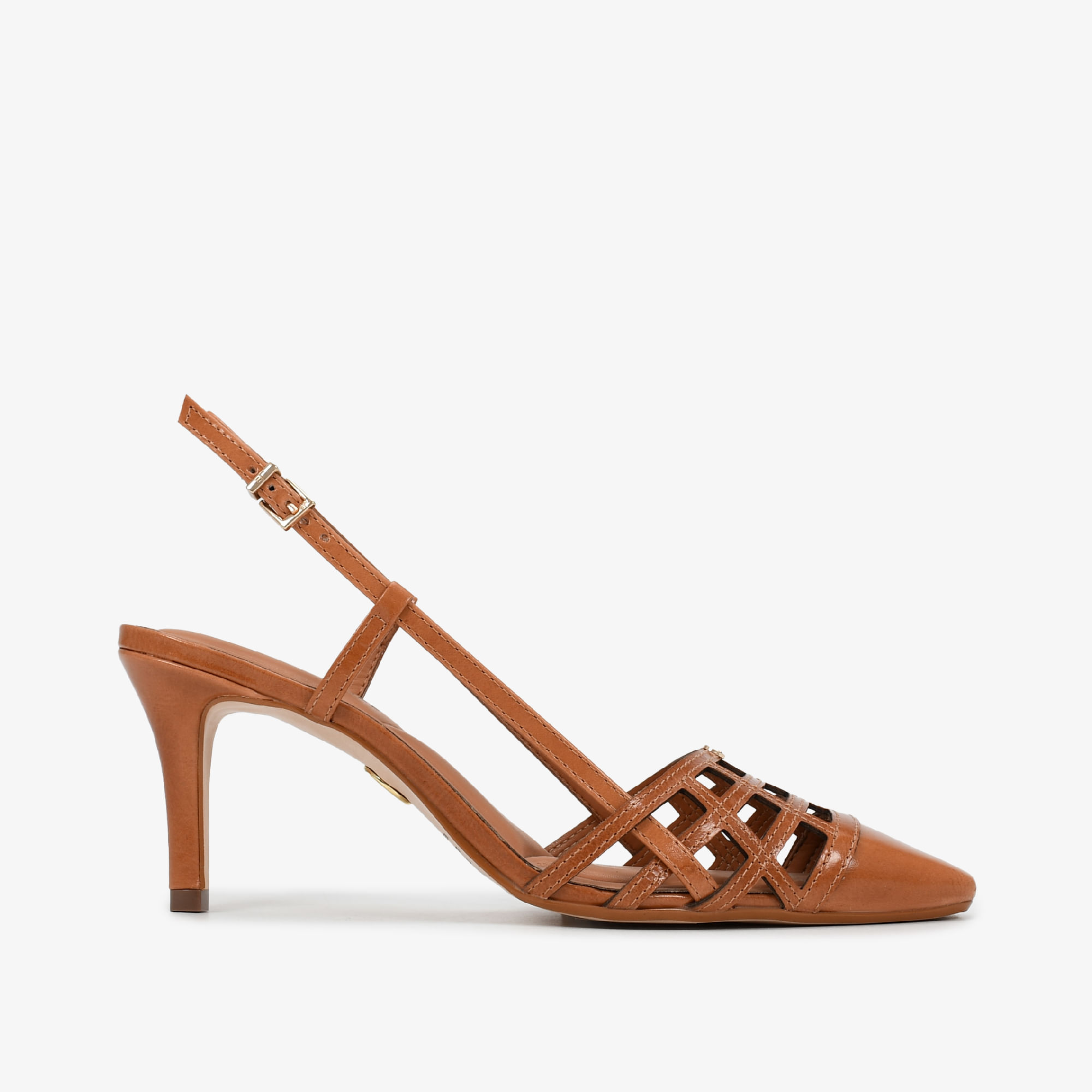 Slingback Marrom Caramelo Salto Fino Couro Caseinado