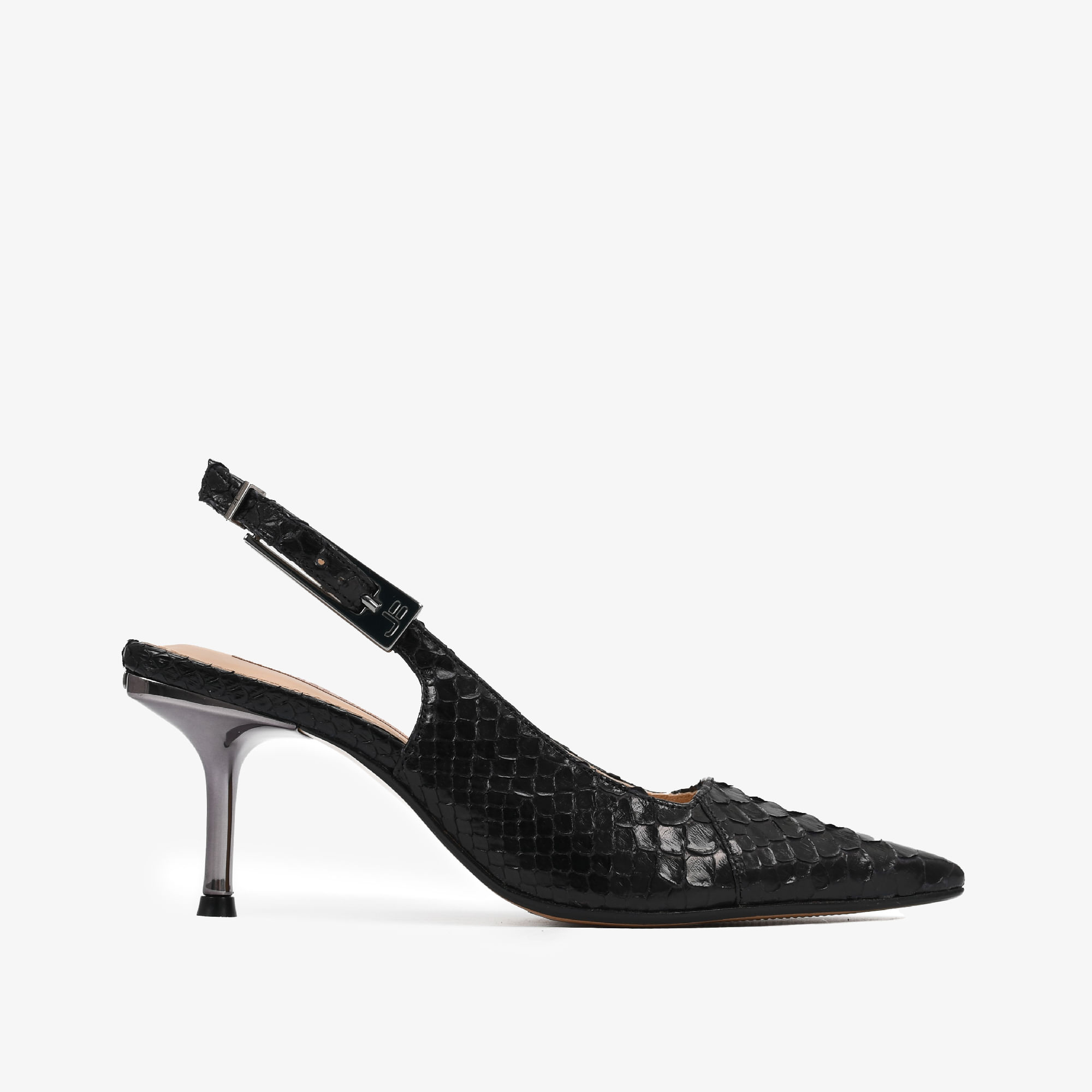 Slingback Preto Salto Fino Pele Cobra Python