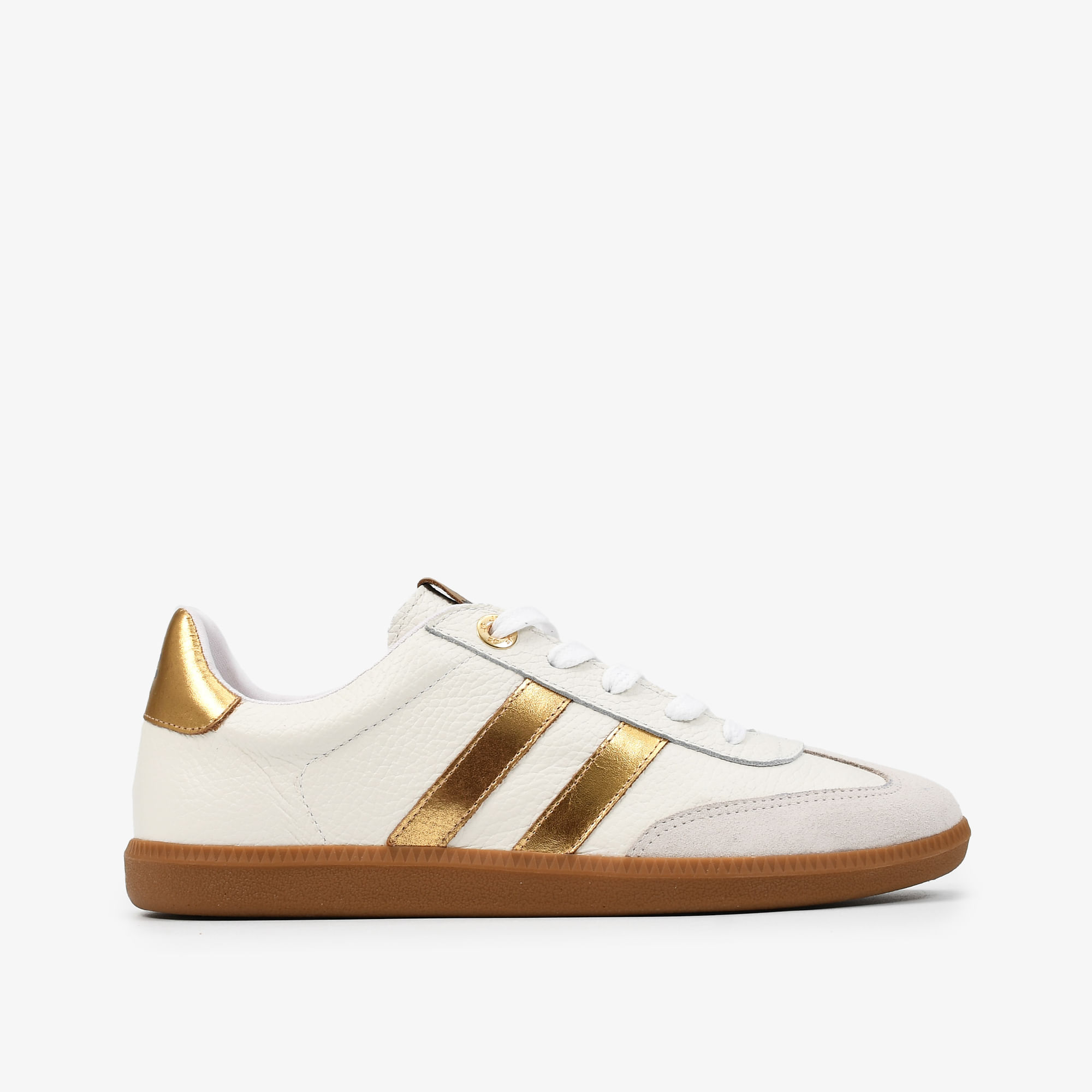 Tênis Branco Dourado Listra Couro