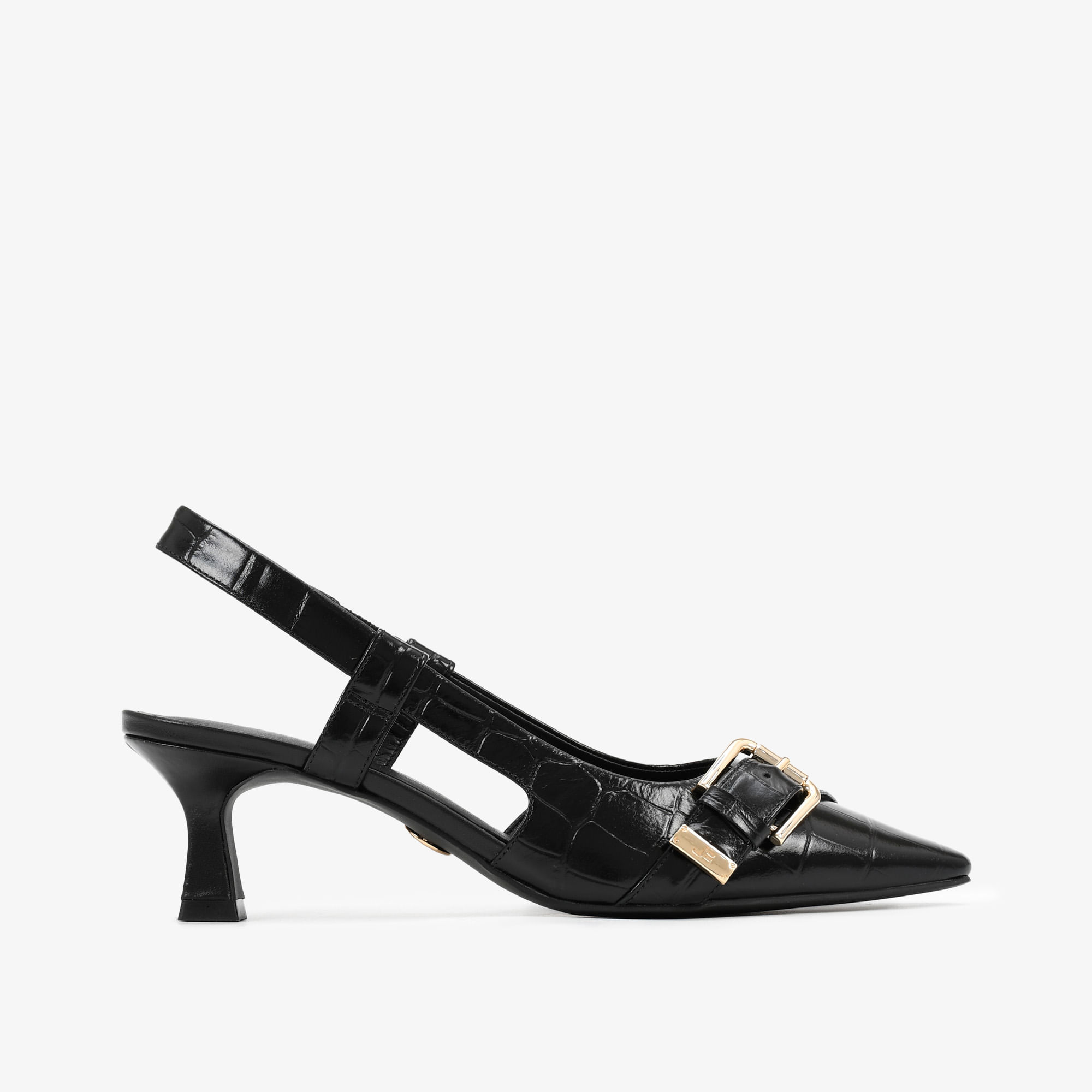 Slingback Bico Fino Preto Couro Croco