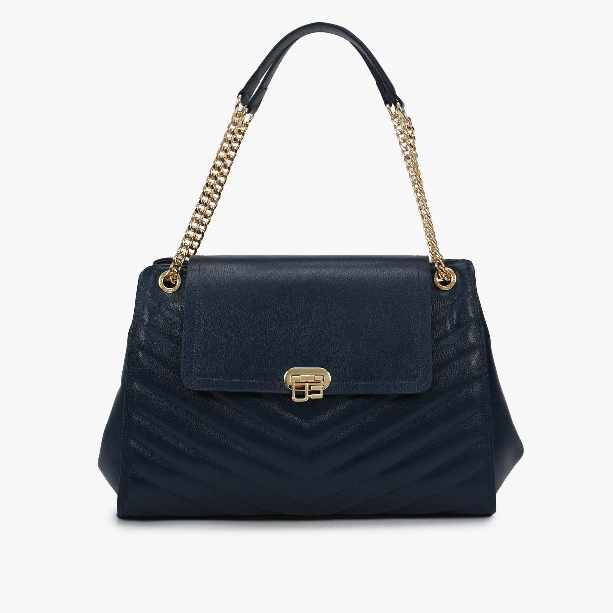 Bolsa De Ombro Azul Marinho Dourado Matelassê Couro