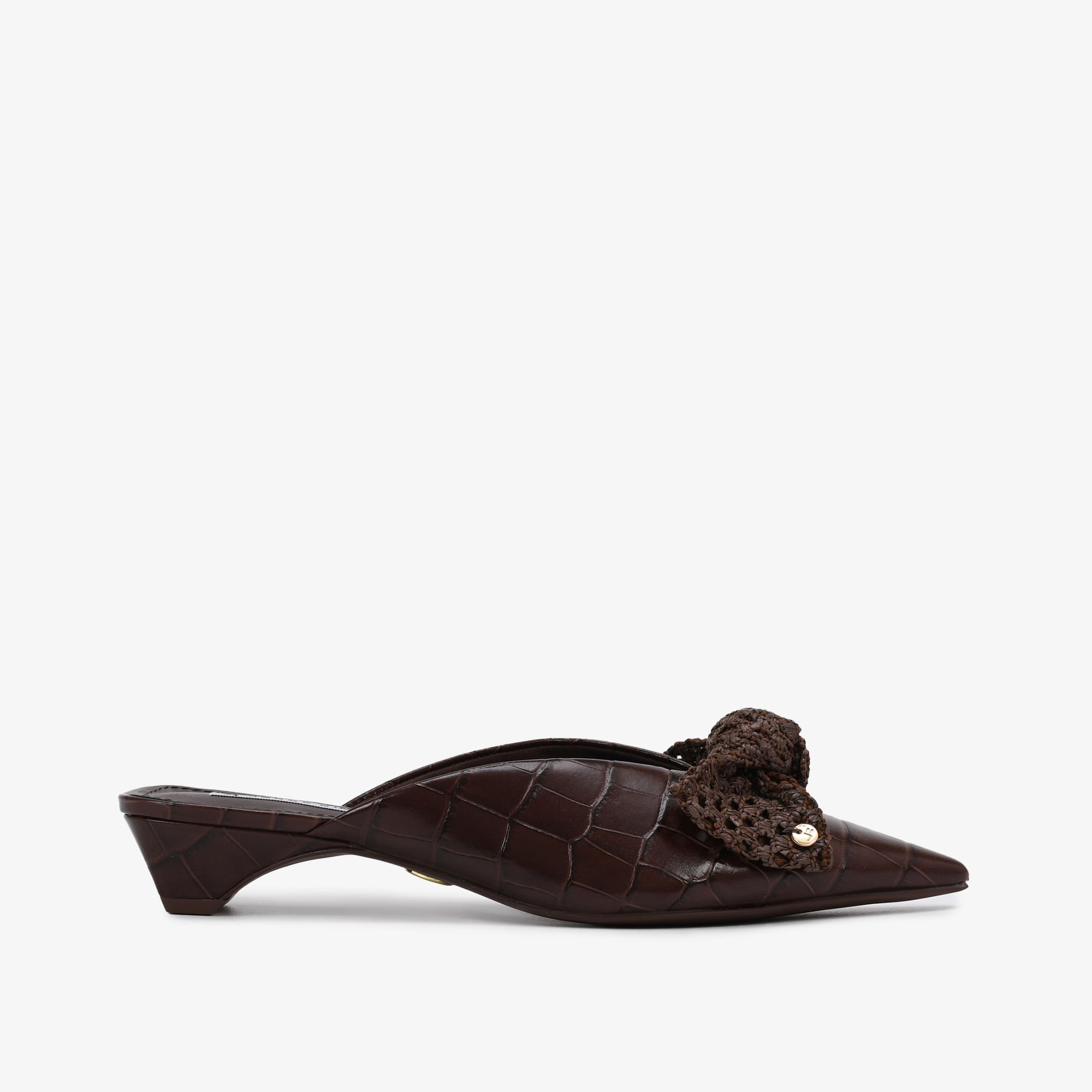 Mule Salto Baixo Marrom Couro Croco