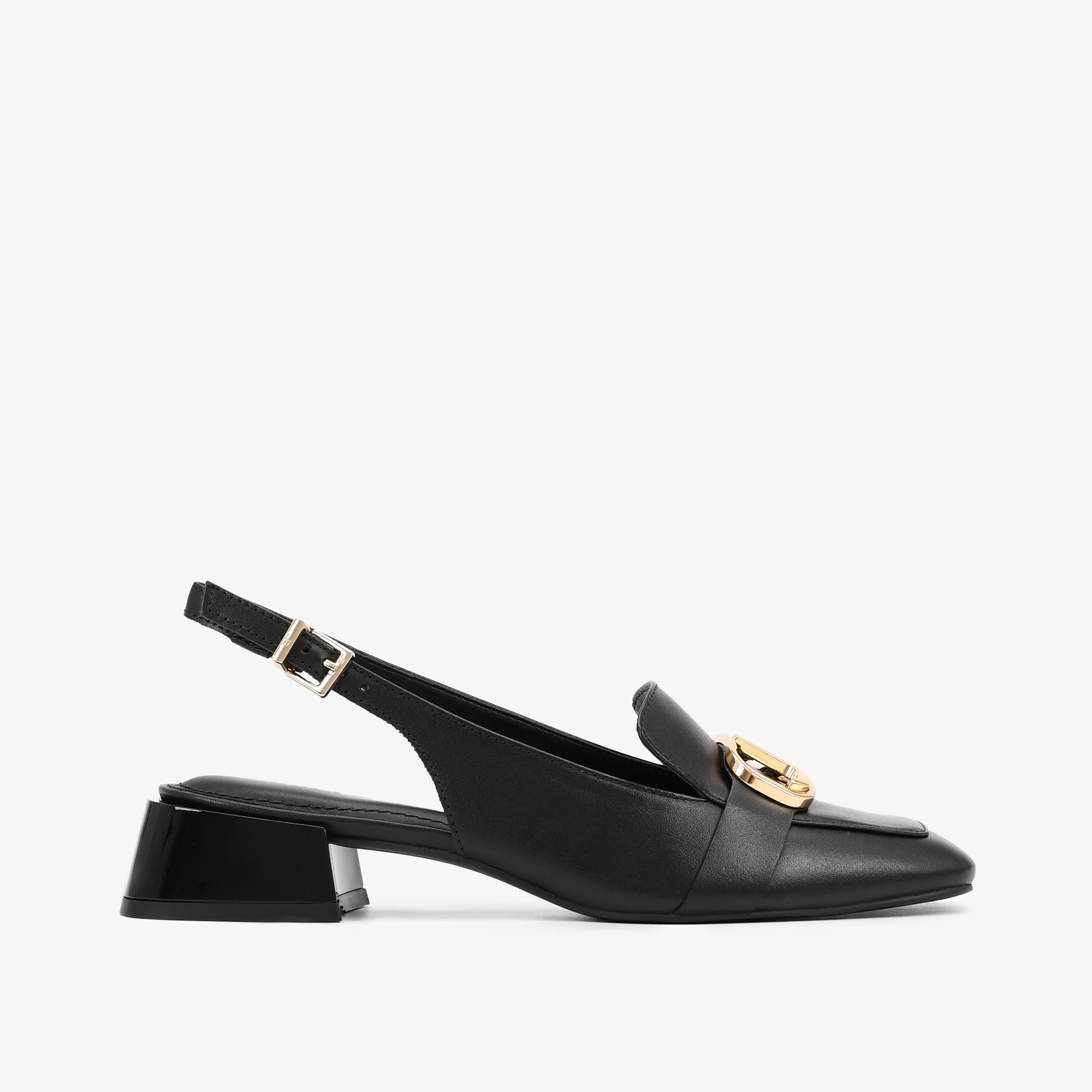 Slingback Salto Bloco Preto Couro