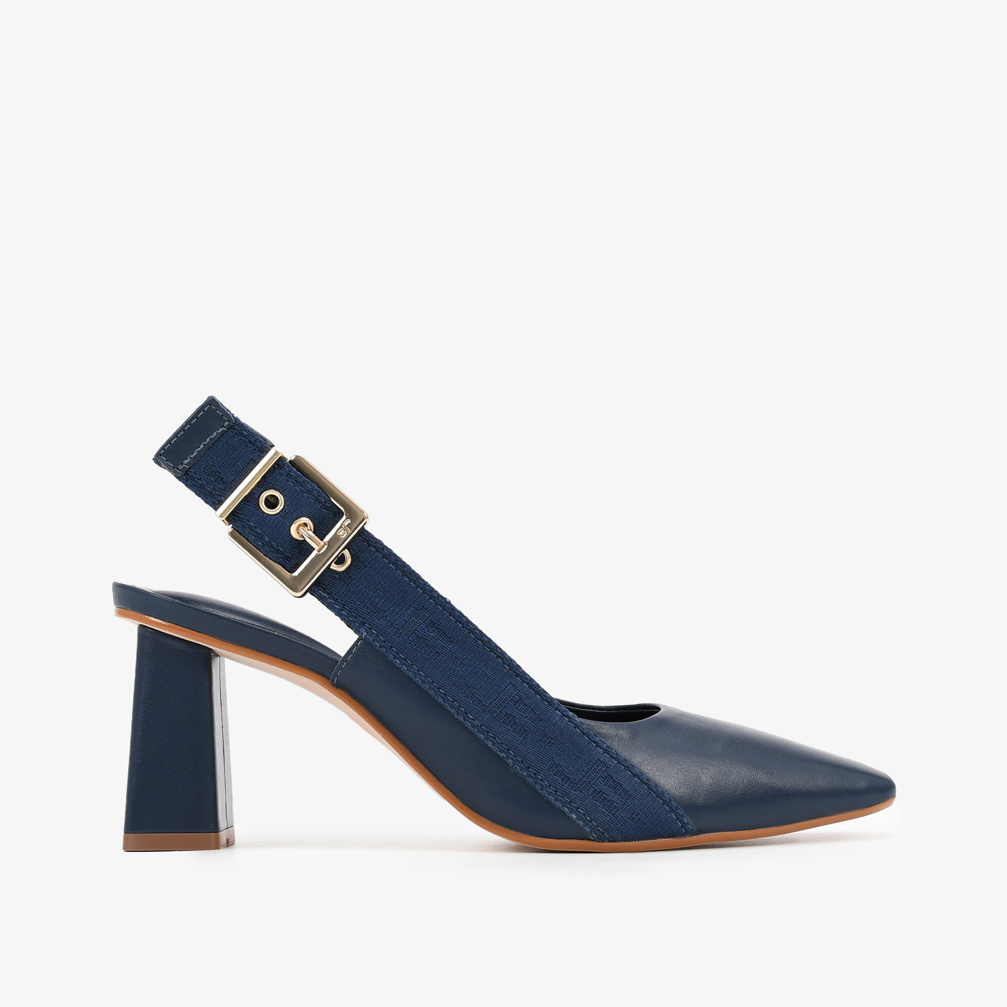 Slingback Salto Bloco Azul Marinho Couro
