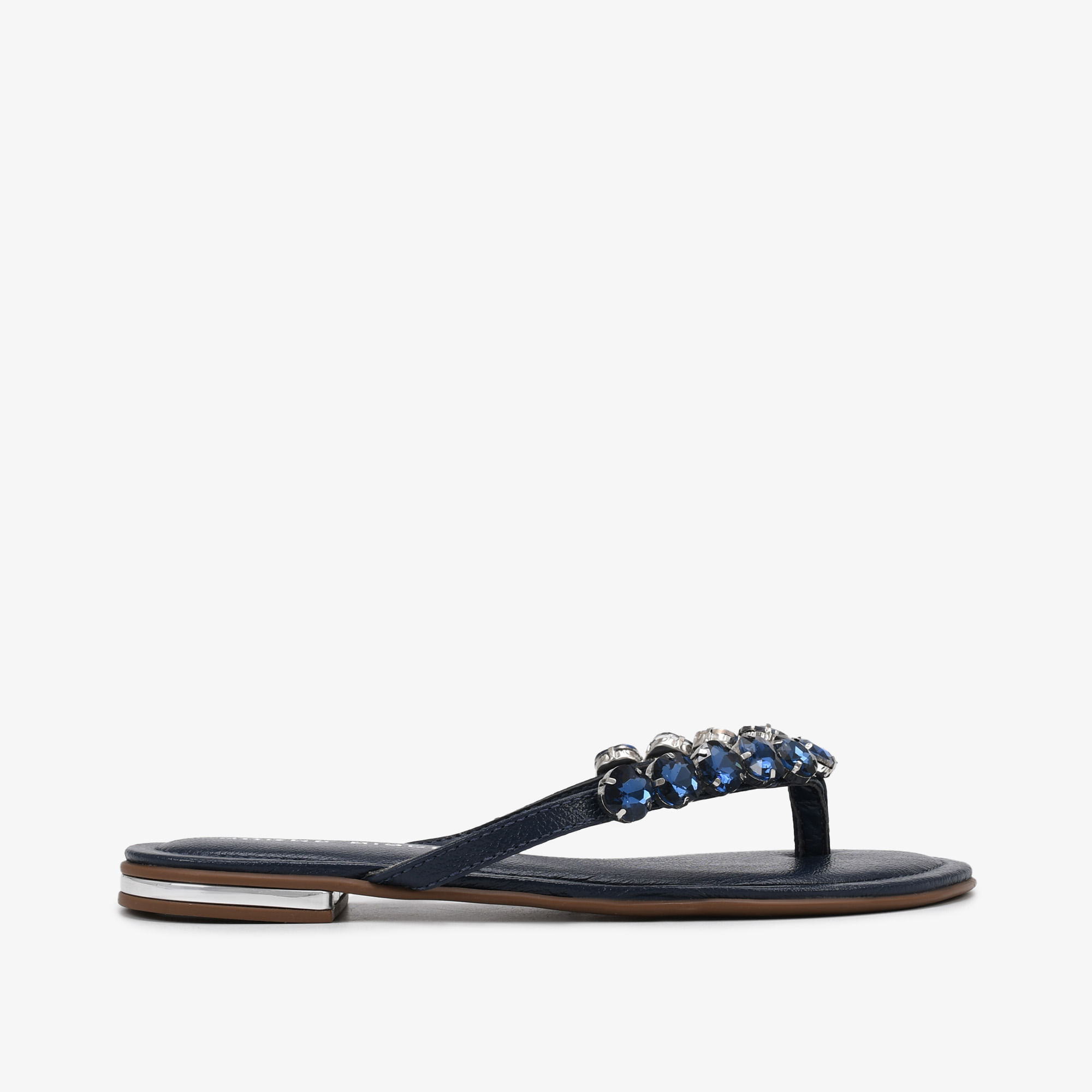 Chinelo Flat Pedrarias Azul Marinho Couro