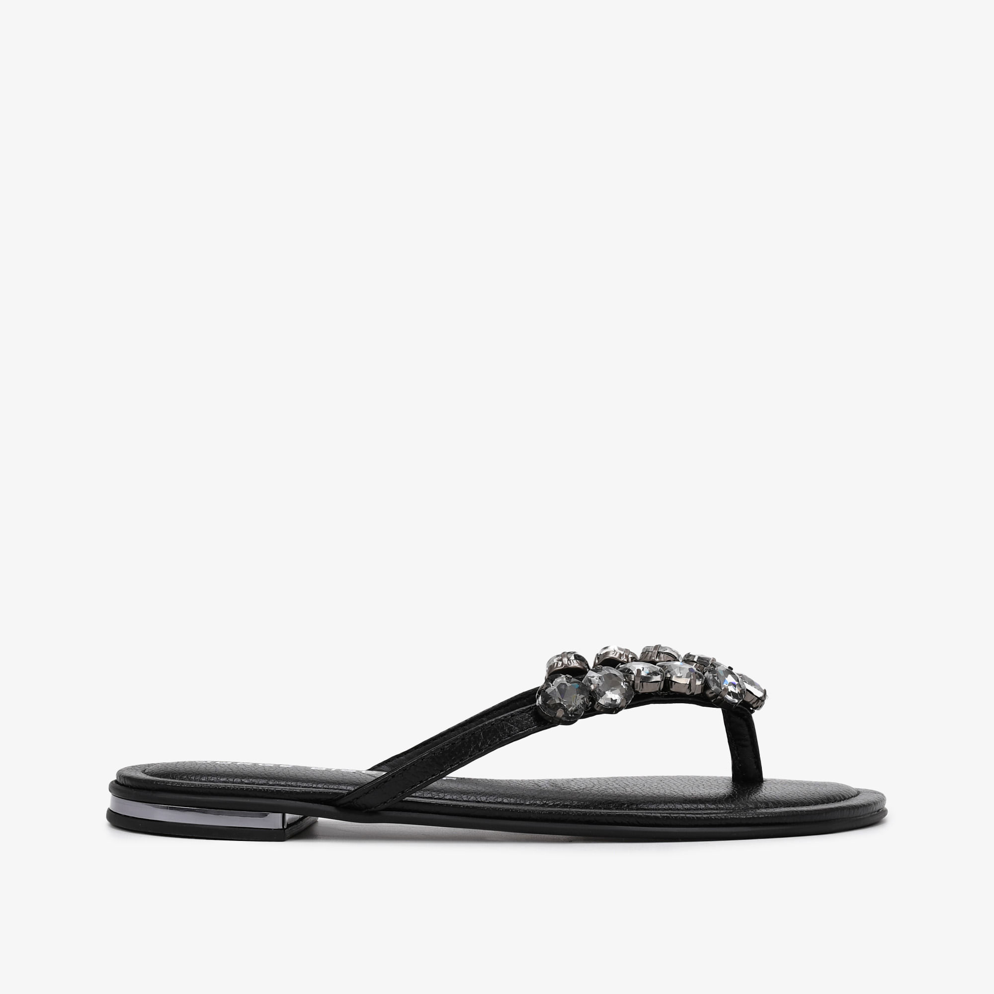 Chinelo Flat Pedrarias Preto Couro