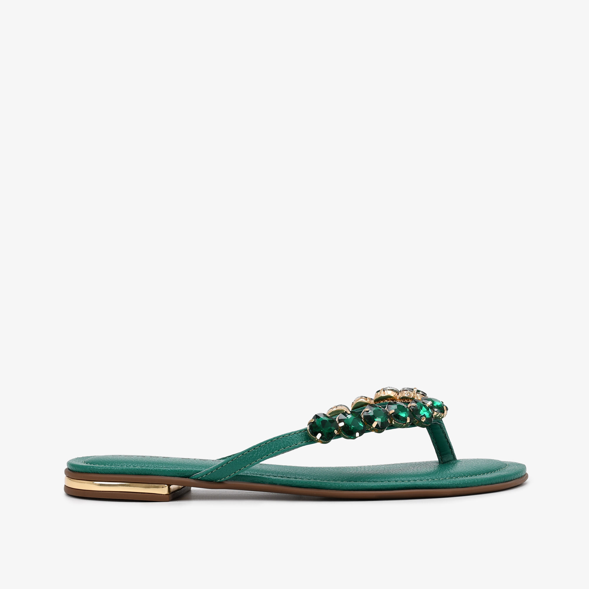 Chinelo Flat Pedrarias Verde Couro