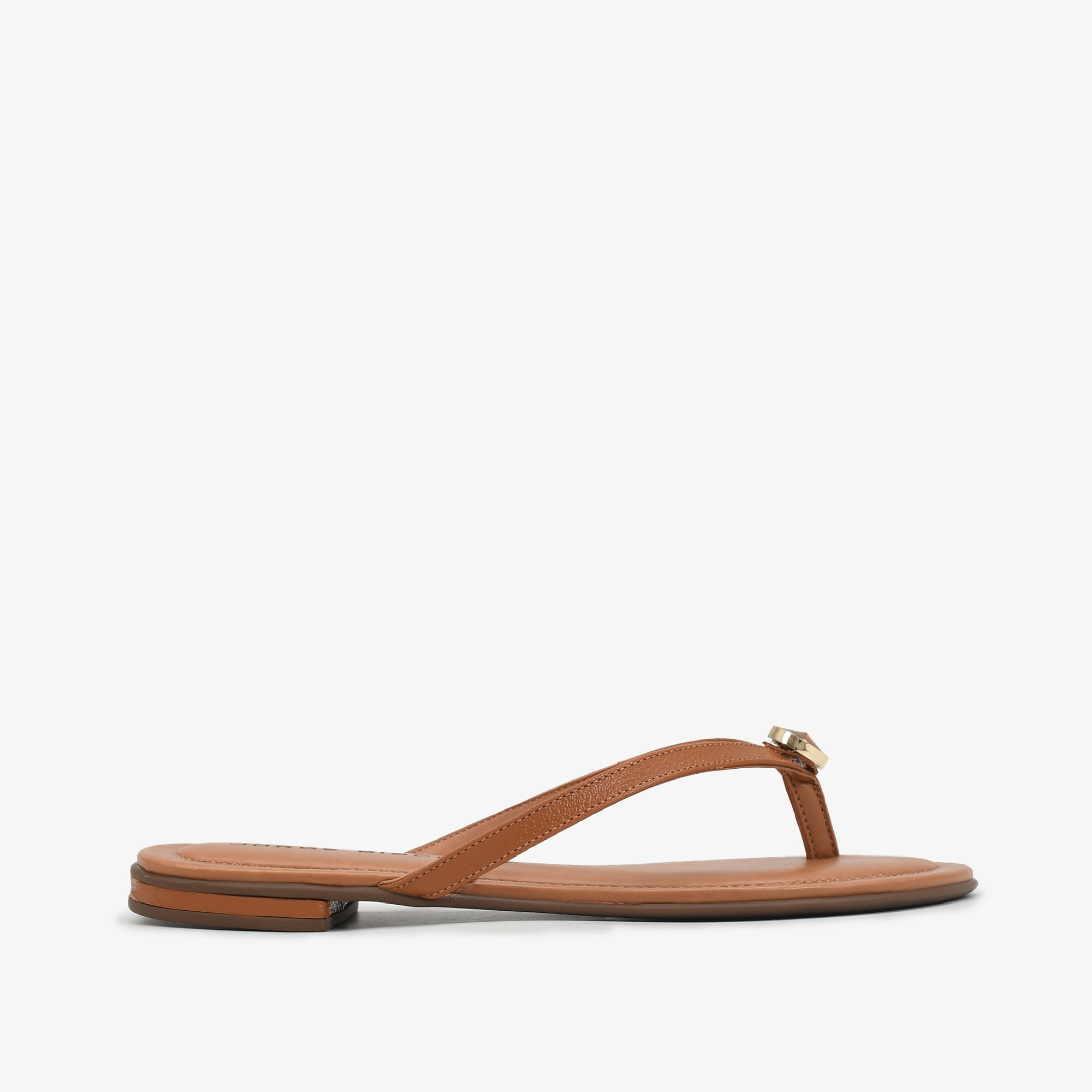 Chinelo Flat Marrom Caramelo Pedraria Couro