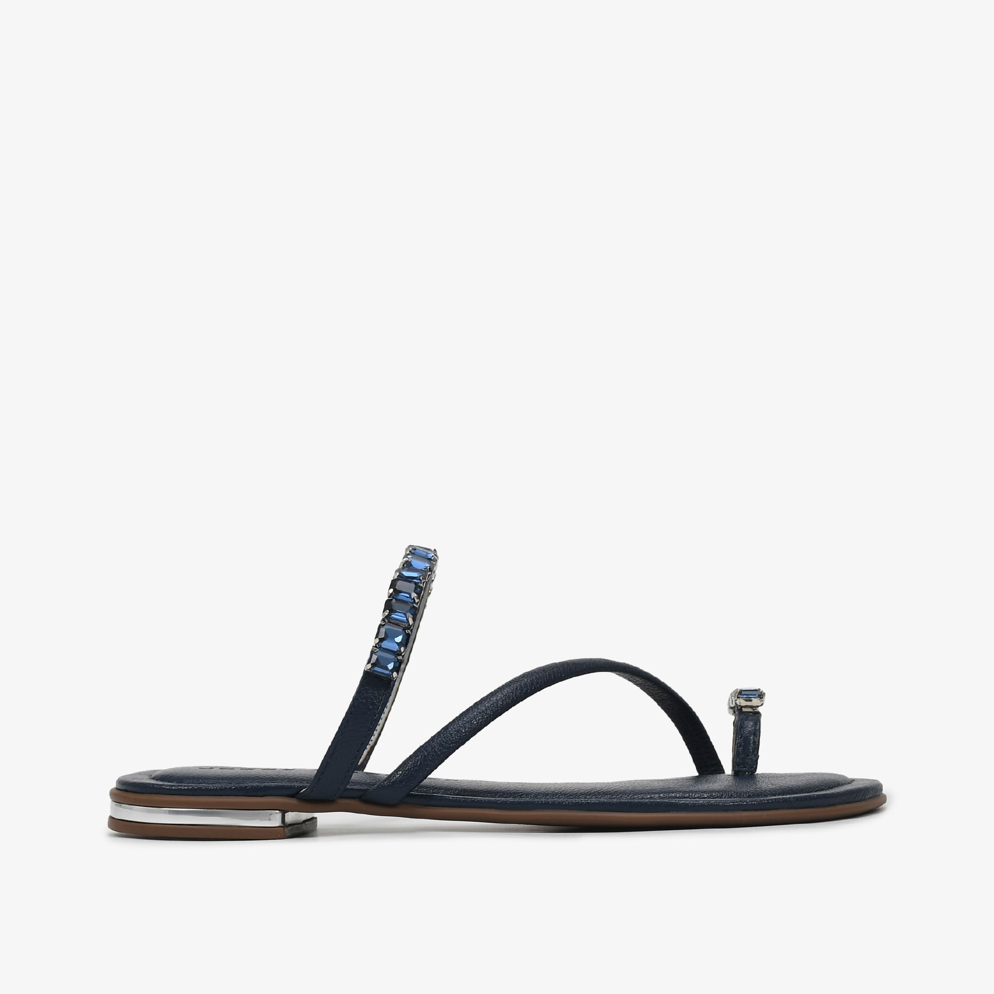 Chinelo Flat Azul Marinho Prata Pedrarias Couro