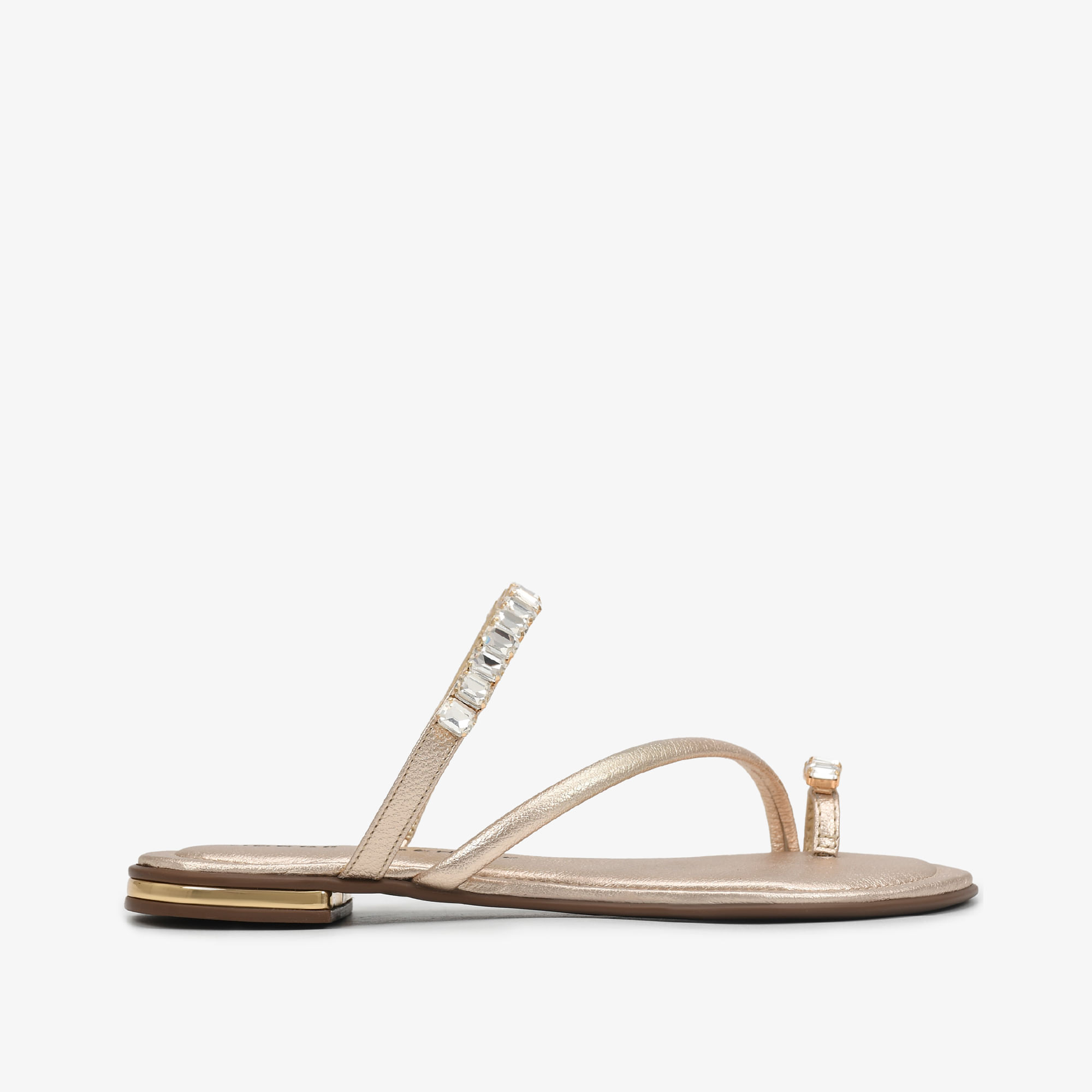 Chinelo Flat Dourado Ouro Pedrarias Couro