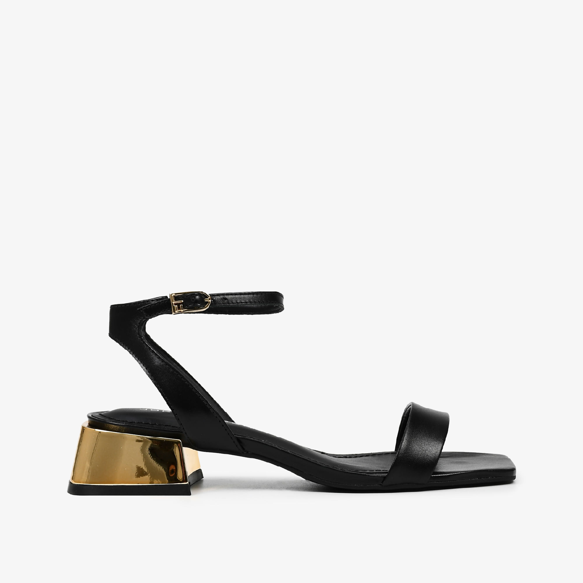 Sandália Salto Bloco Preto Dourado Couro