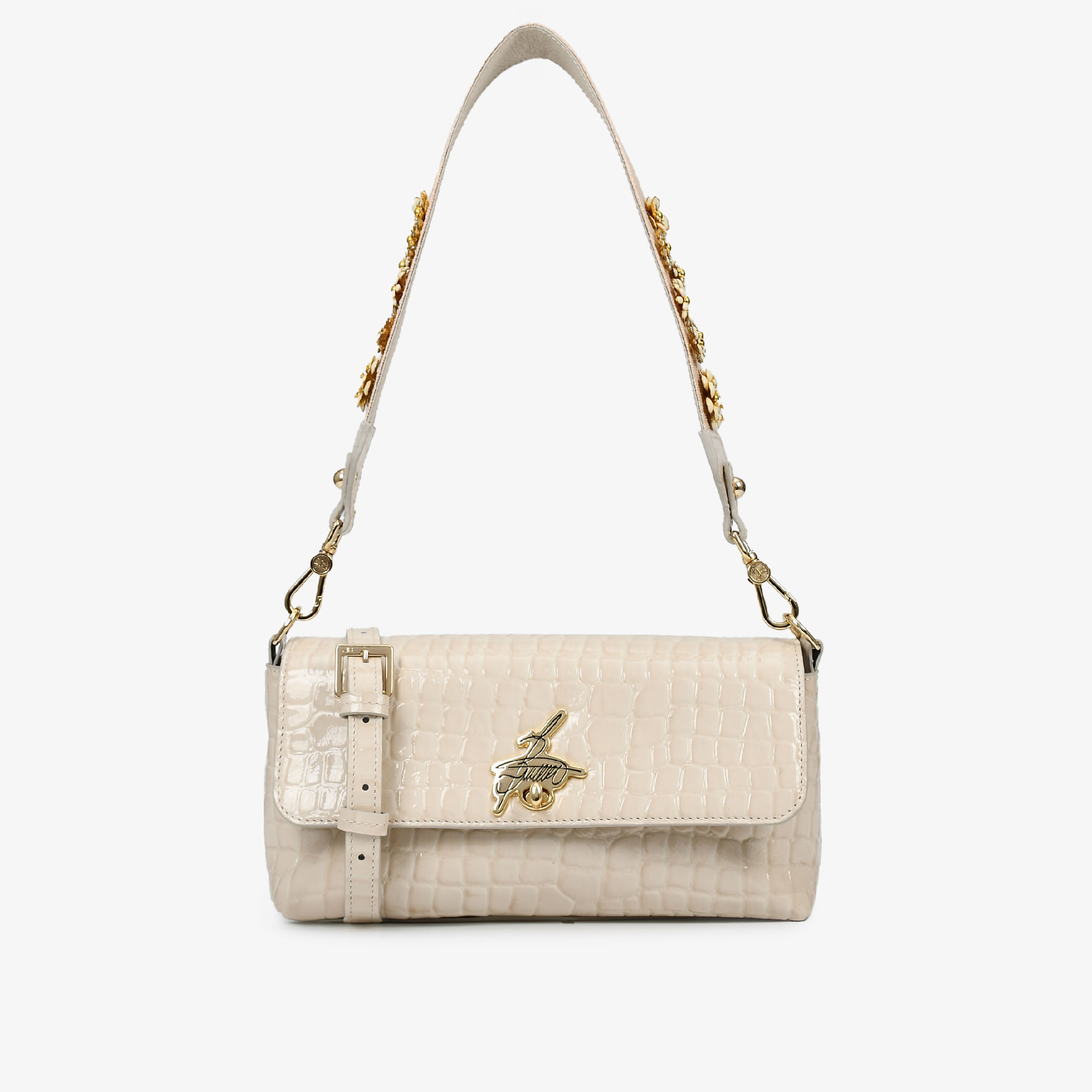 Bolsa Baguete Florescer Off White Brulée Couro Croco