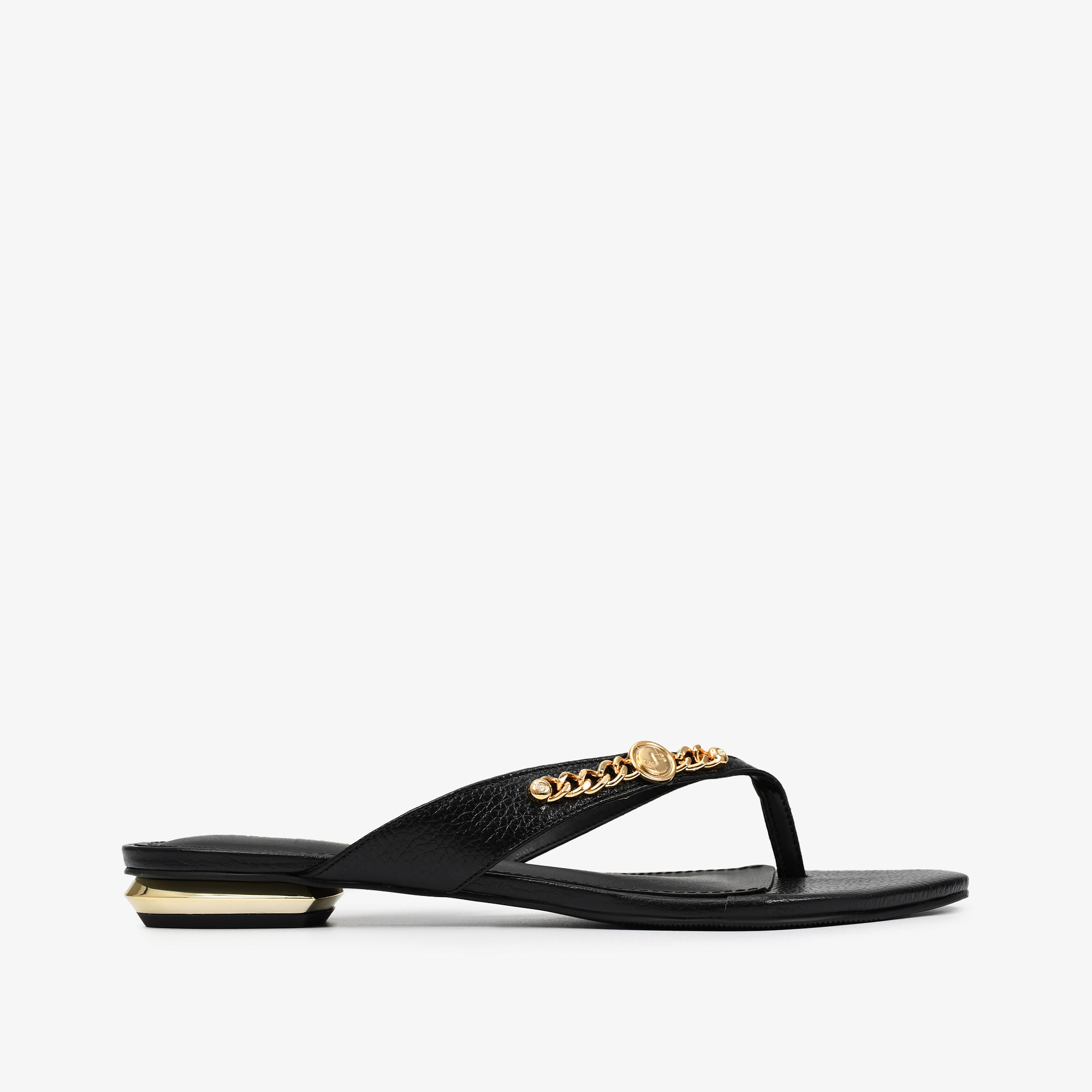Chinelo Flat Preto Couro
