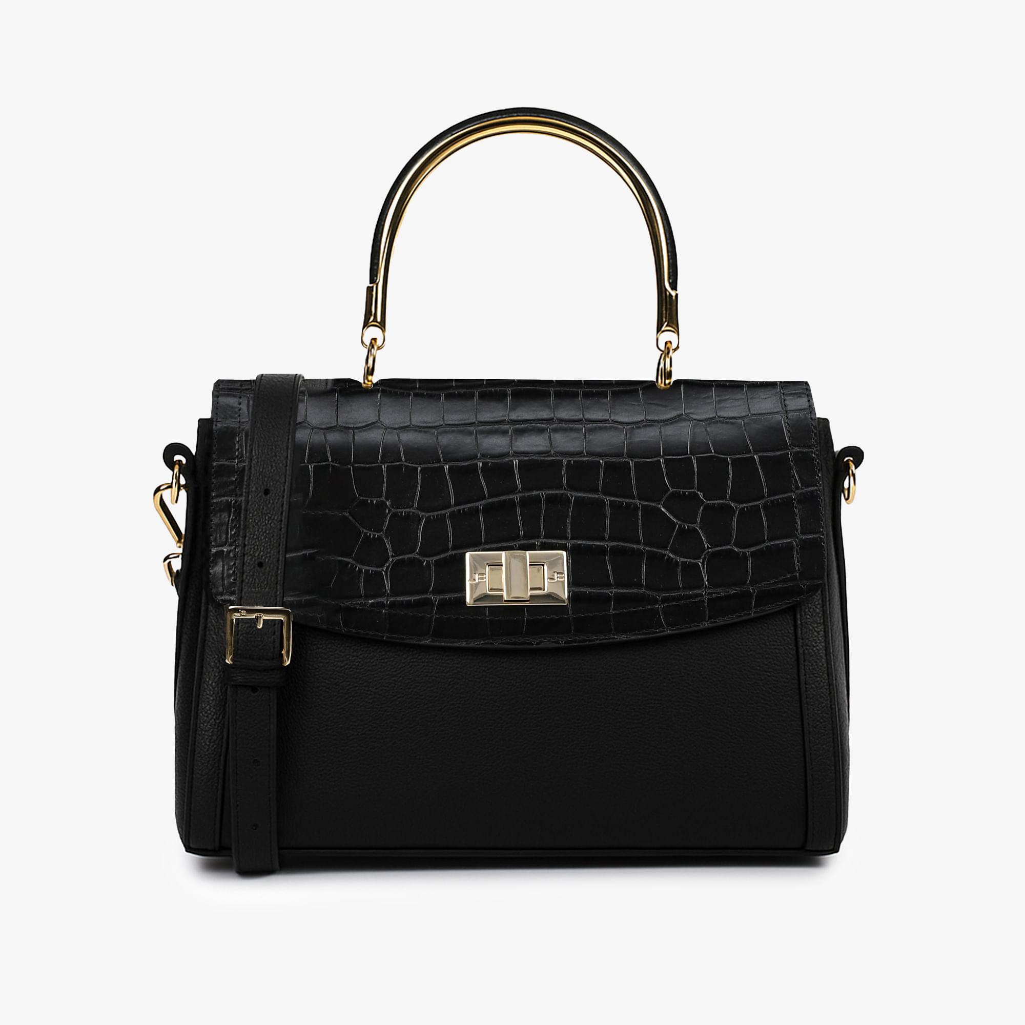 Bolsa Satchel Preto Couro Croco