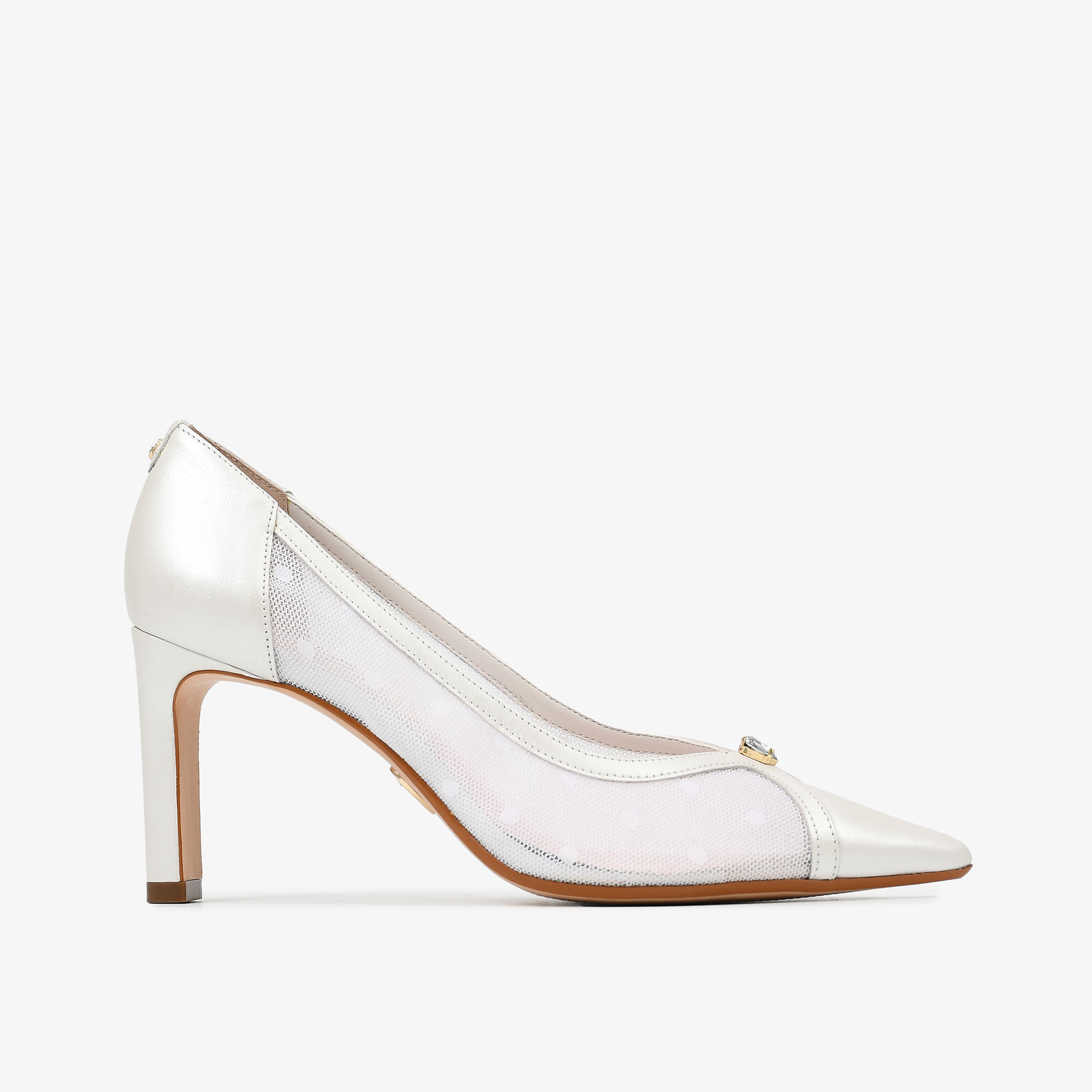 Scarpin Branco Say Yes Tecido Renda Poá Couro Acetinado