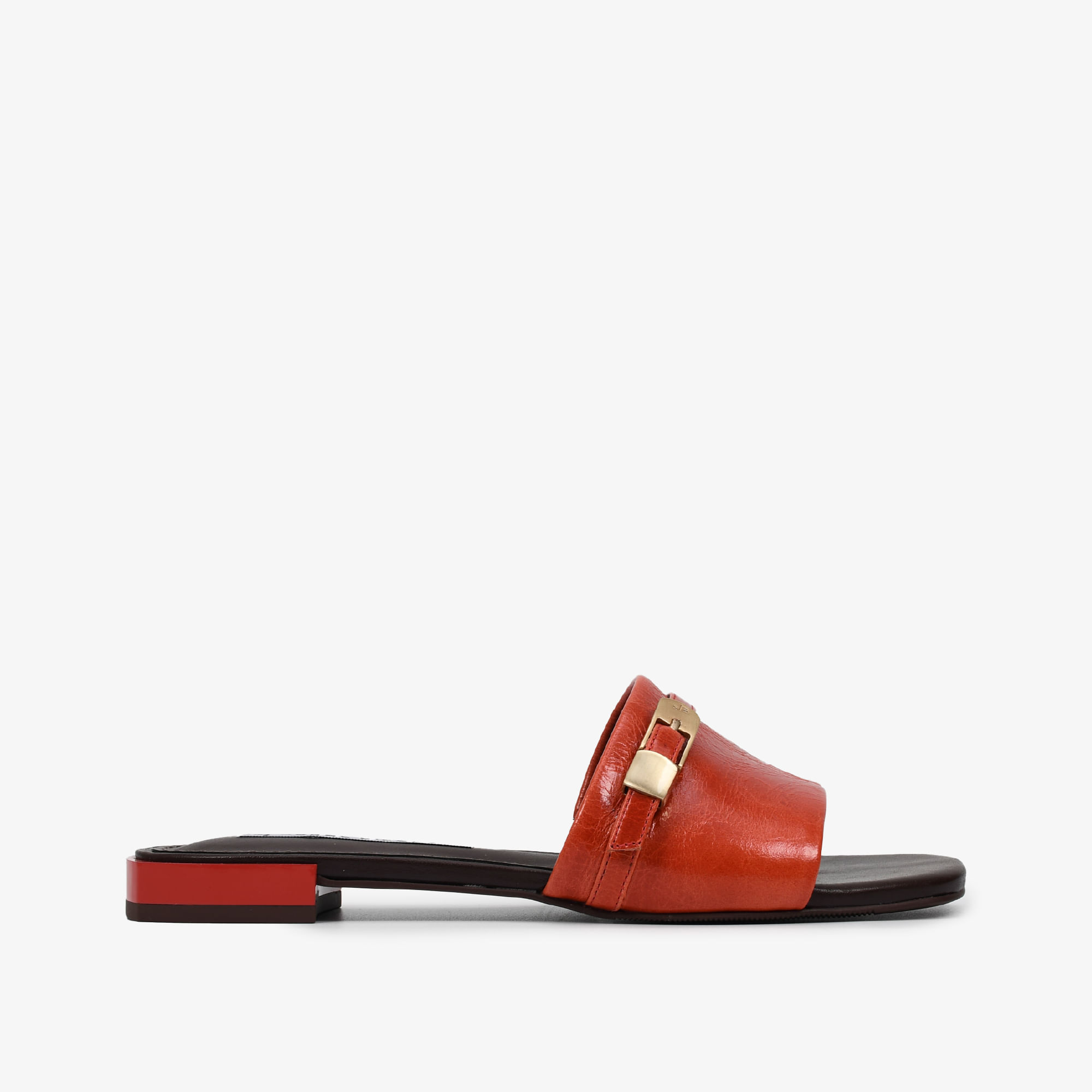 Chinelo Slide Laranja Lírio Marrom Florença Couro Caseinado