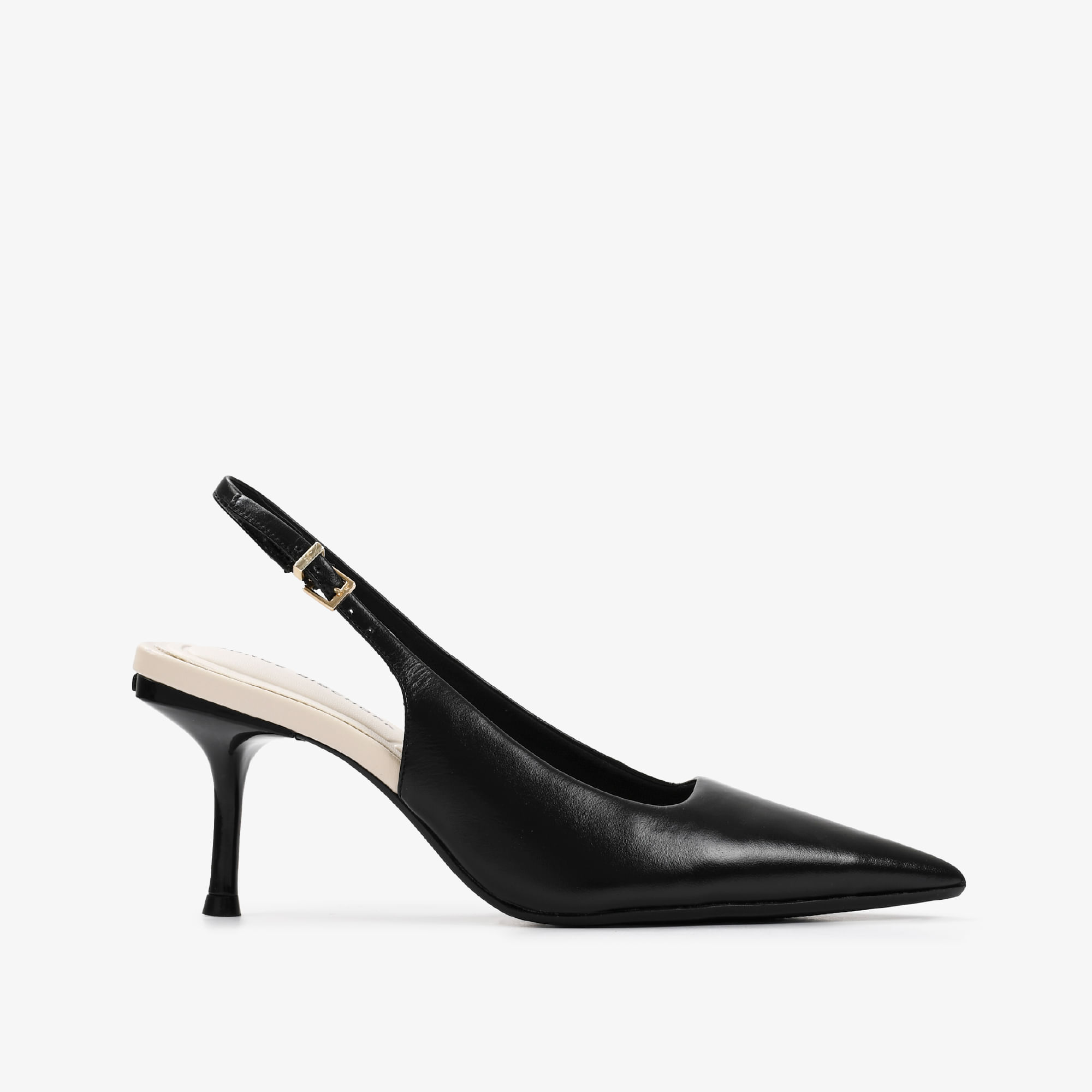 Slingback Salto Fino Preto Branco Couro