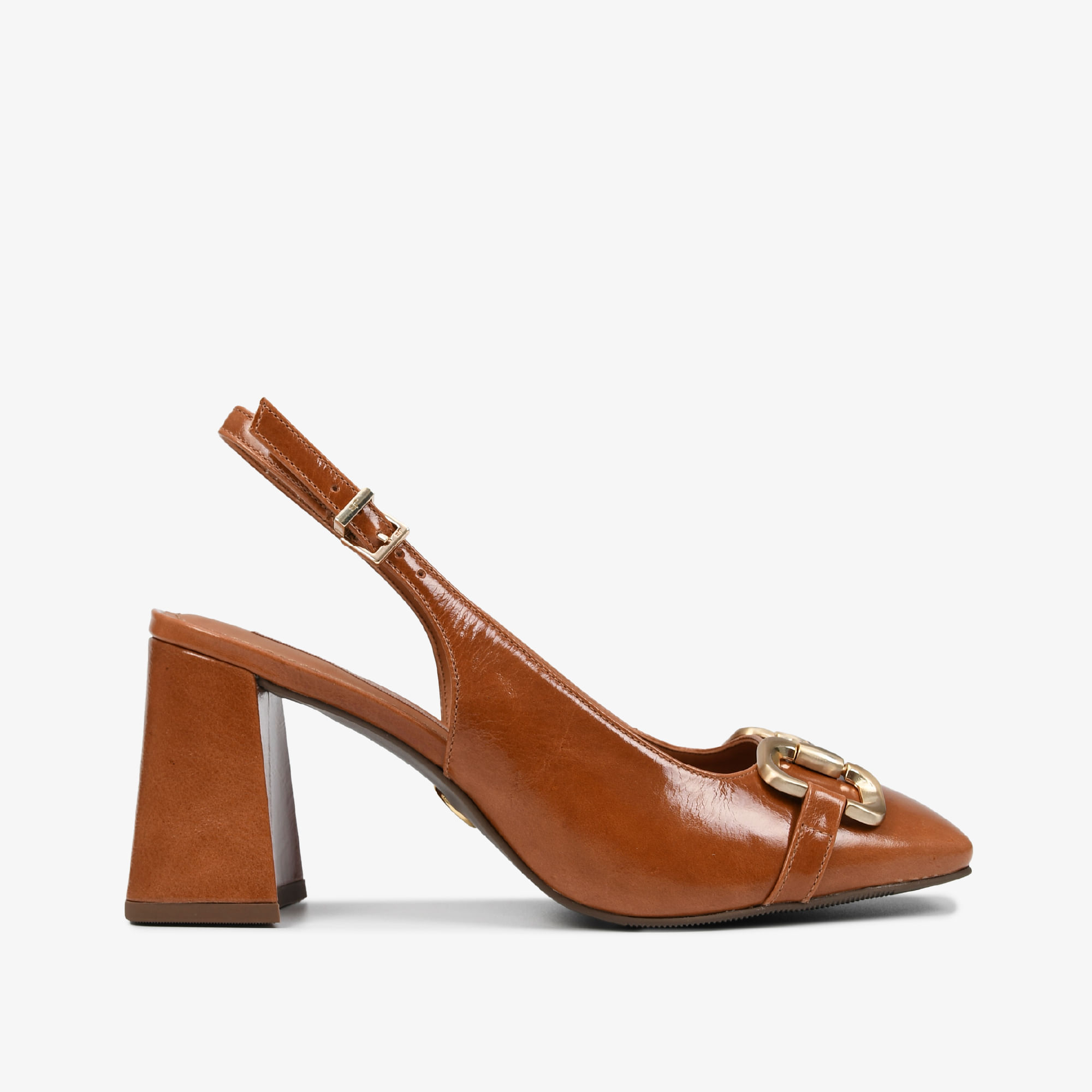 Slingback Marrom Caramelo Couro Verniz