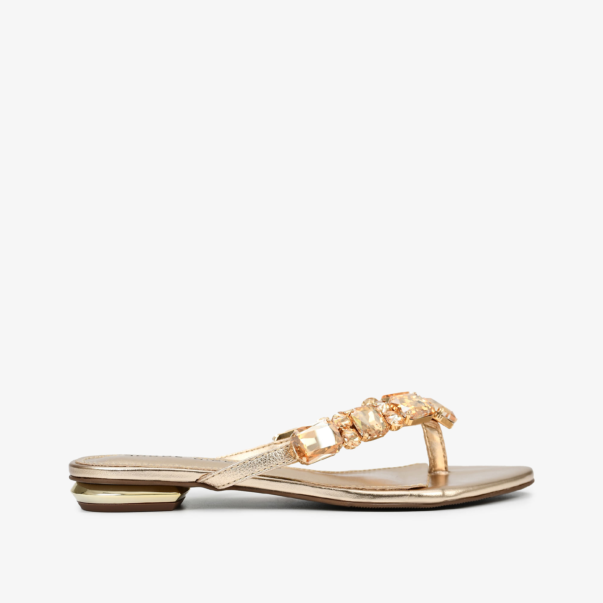 Chinelo Flat Ouro Dourado Pedrarias Couro