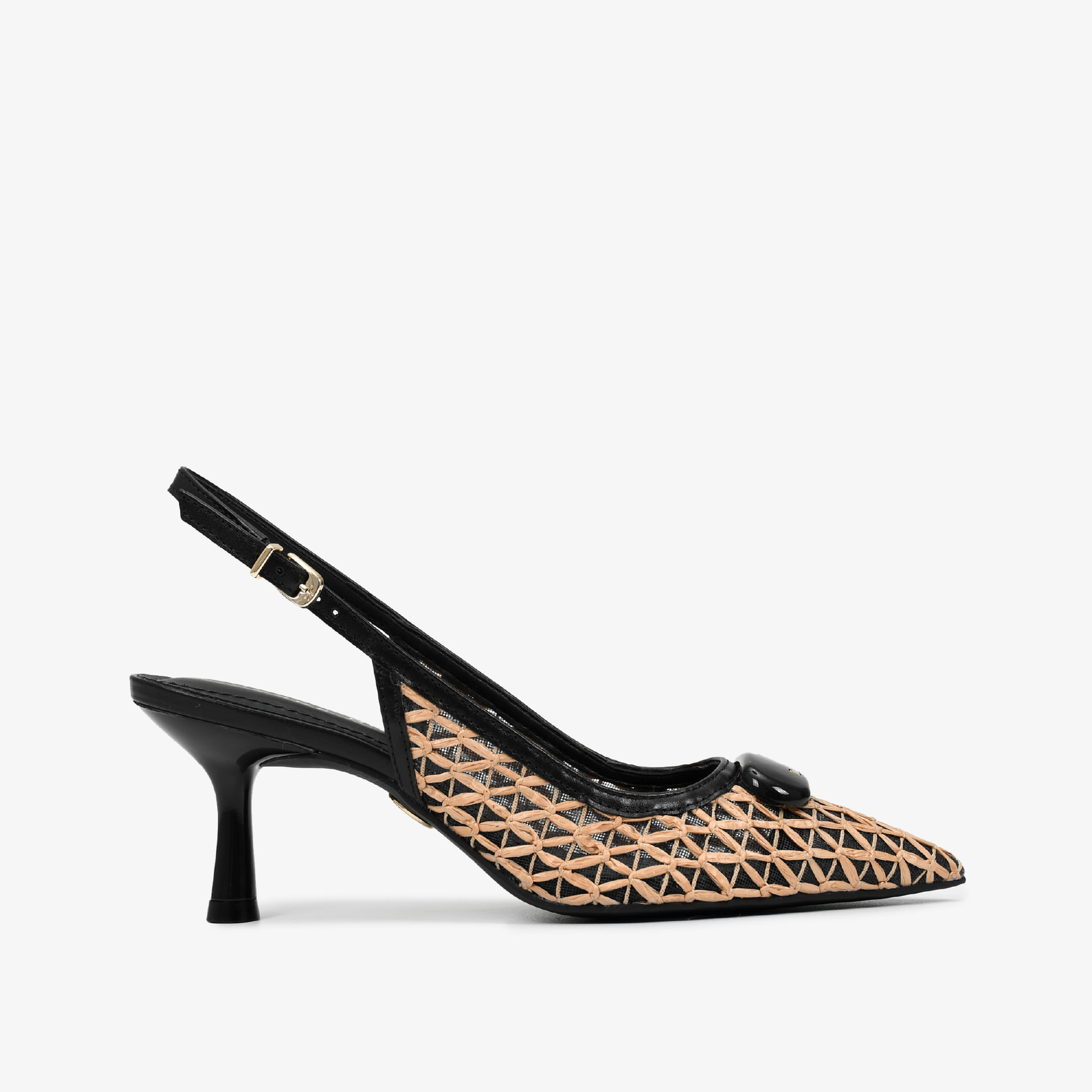 Slingback Preto Ráfia Natural Couro