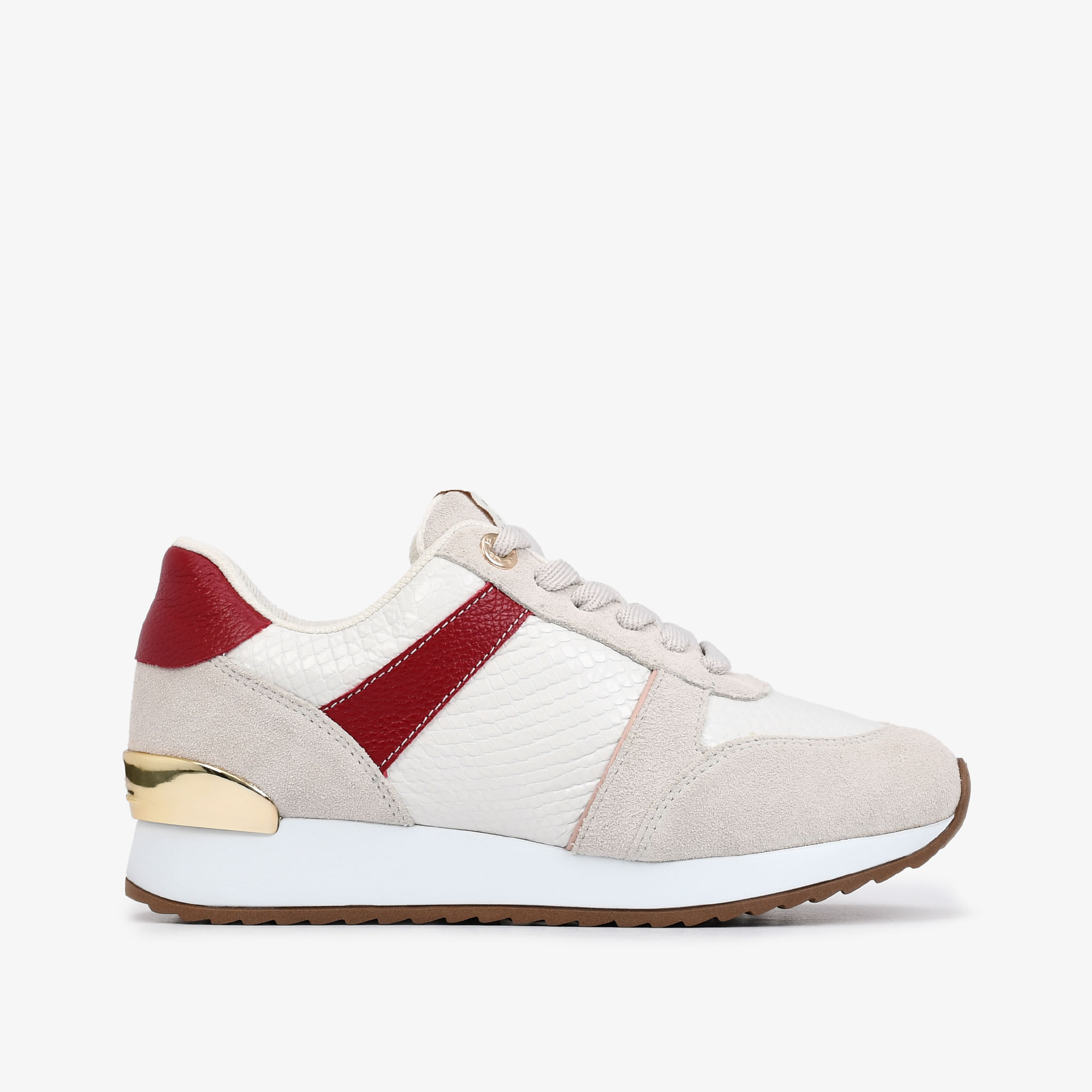 Tênis Jogger Cinza Branco Vermelho Couro Camurça Snake