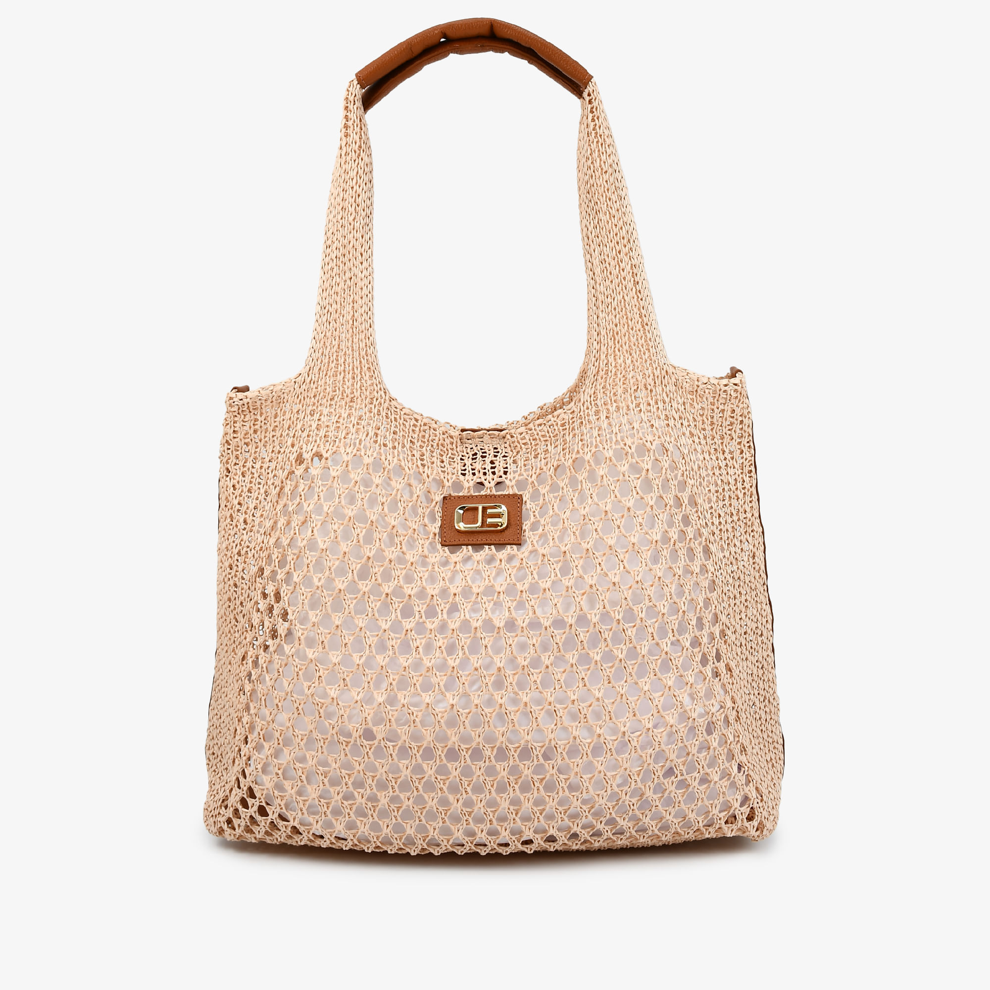 Bolsa Shopping Marrom Ráfia Natural Couro