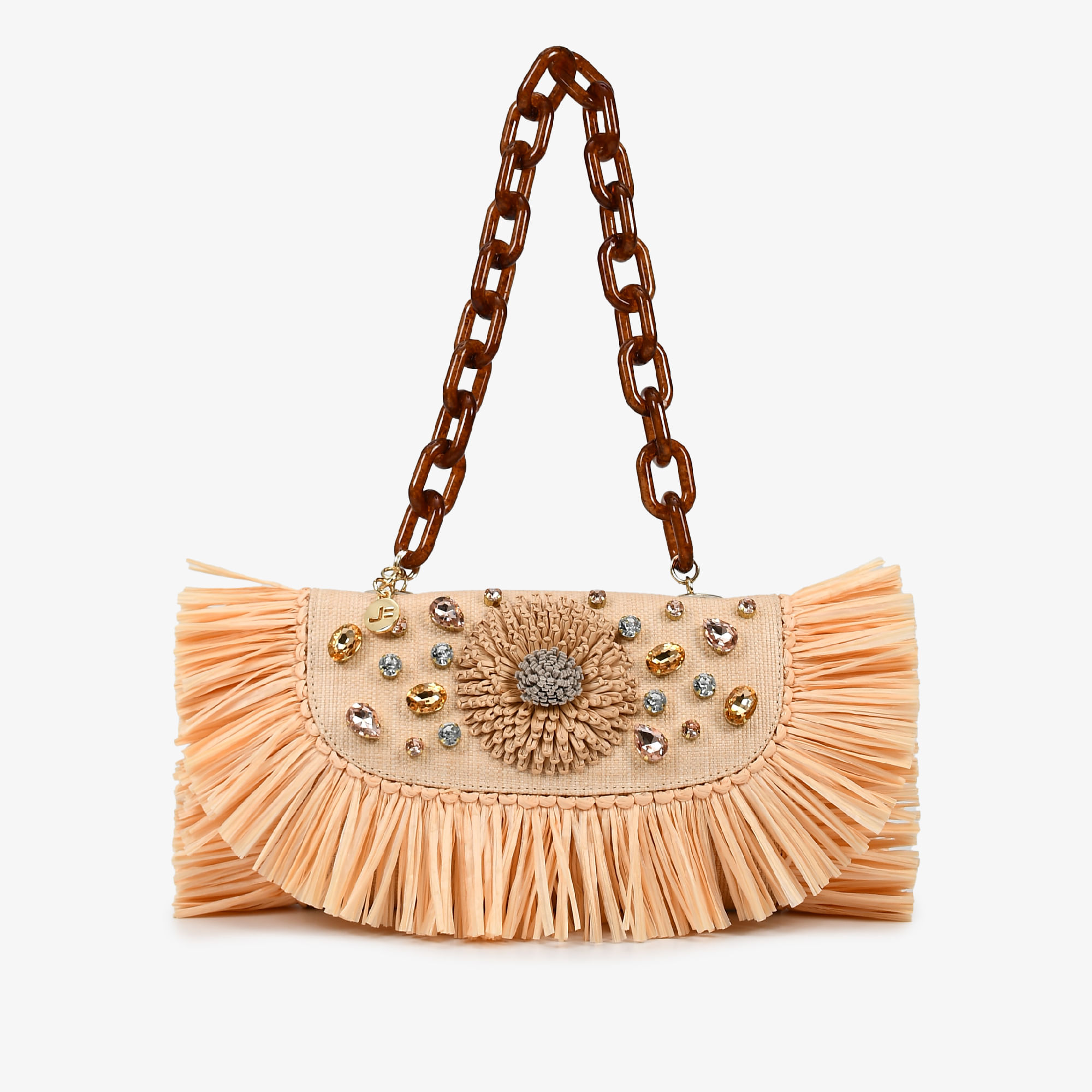 Bolsa De Ombro Nude Ráfia Tramada Pedraria Jb