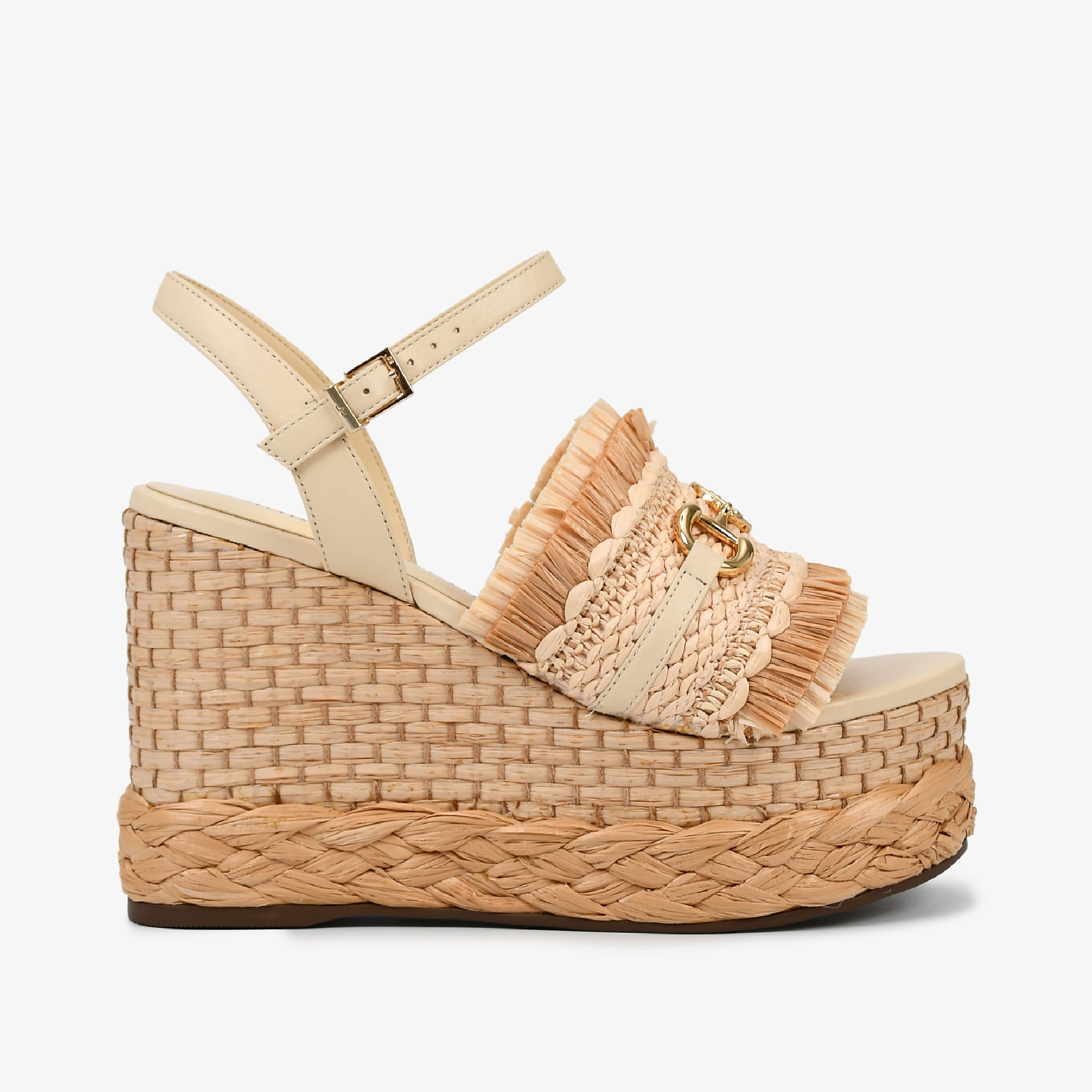 Sandália Anabela Ráfia Off White Couro