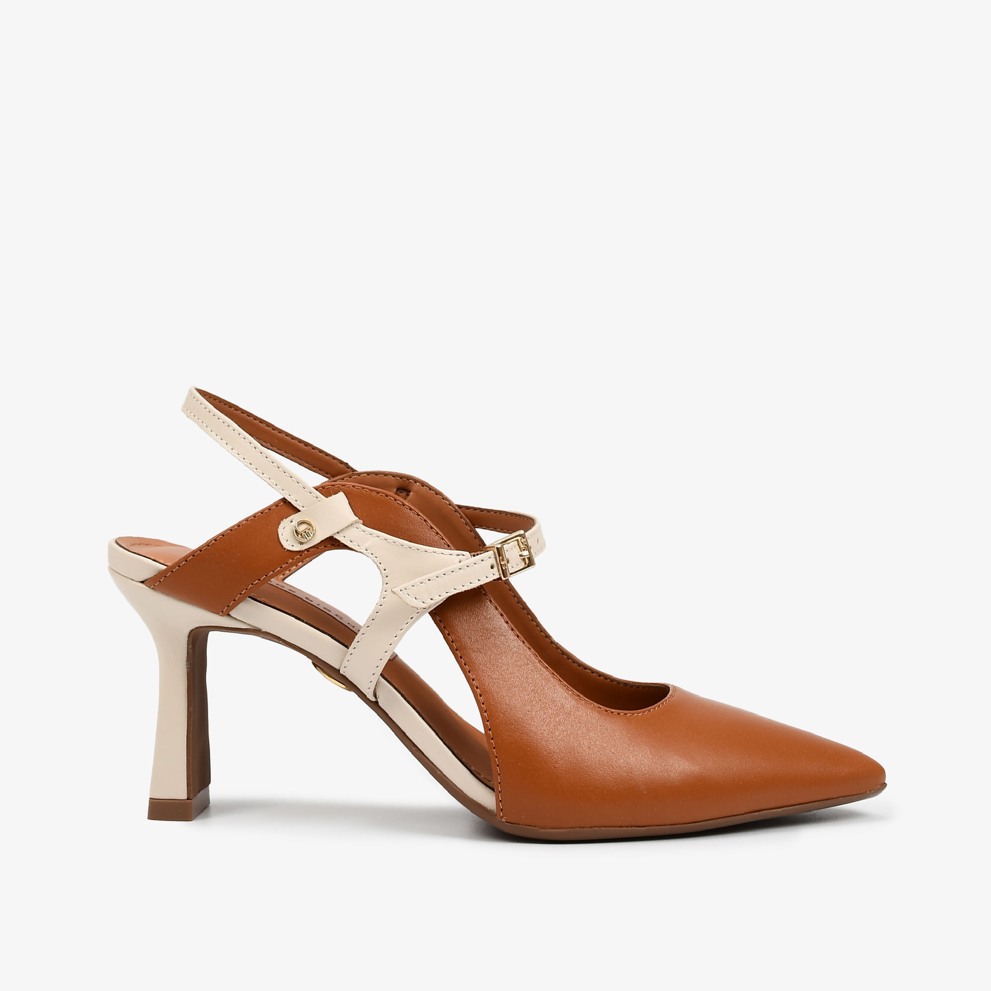Slingback Caramelo Off White Couro