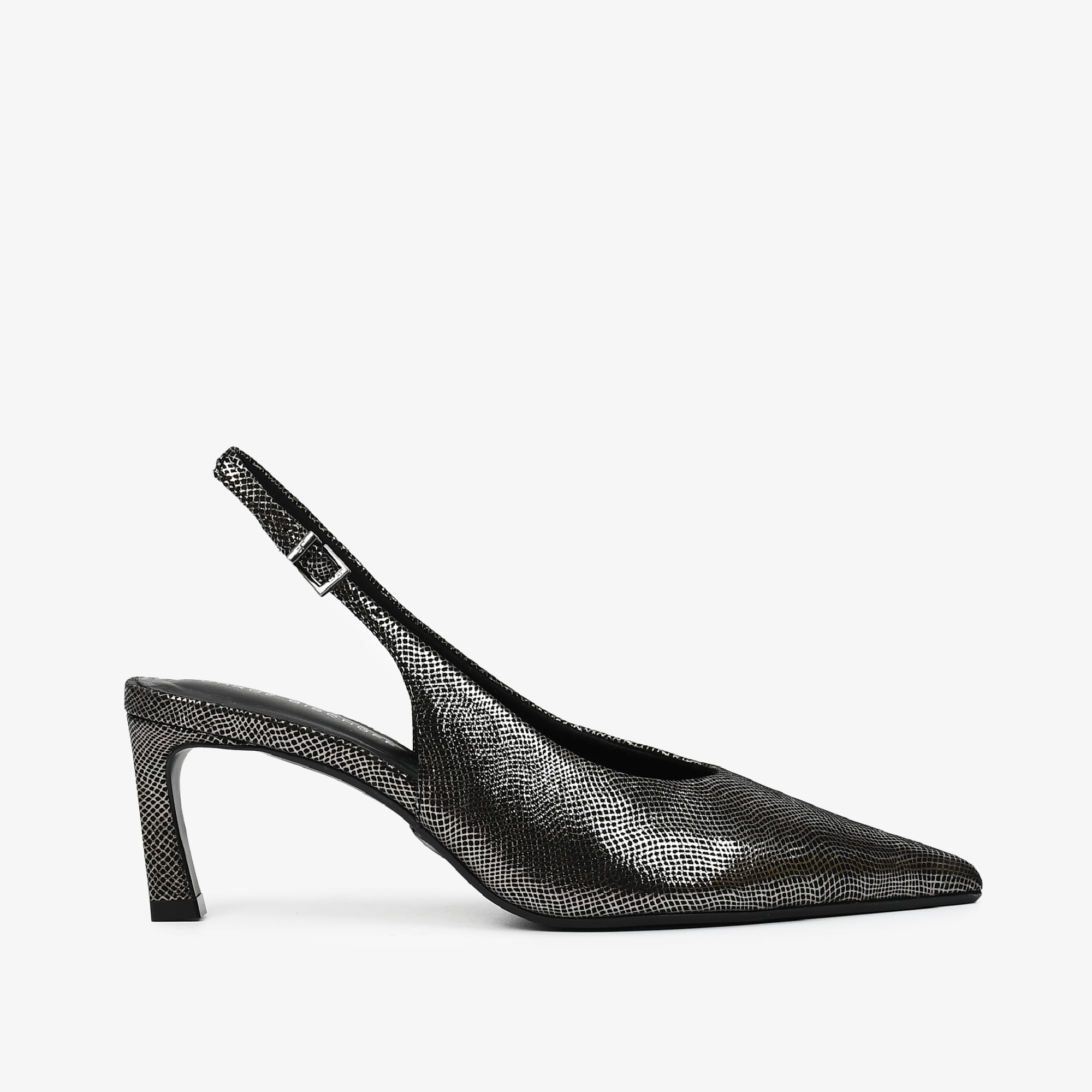 Slingback Prata Grafite Couro Tela
