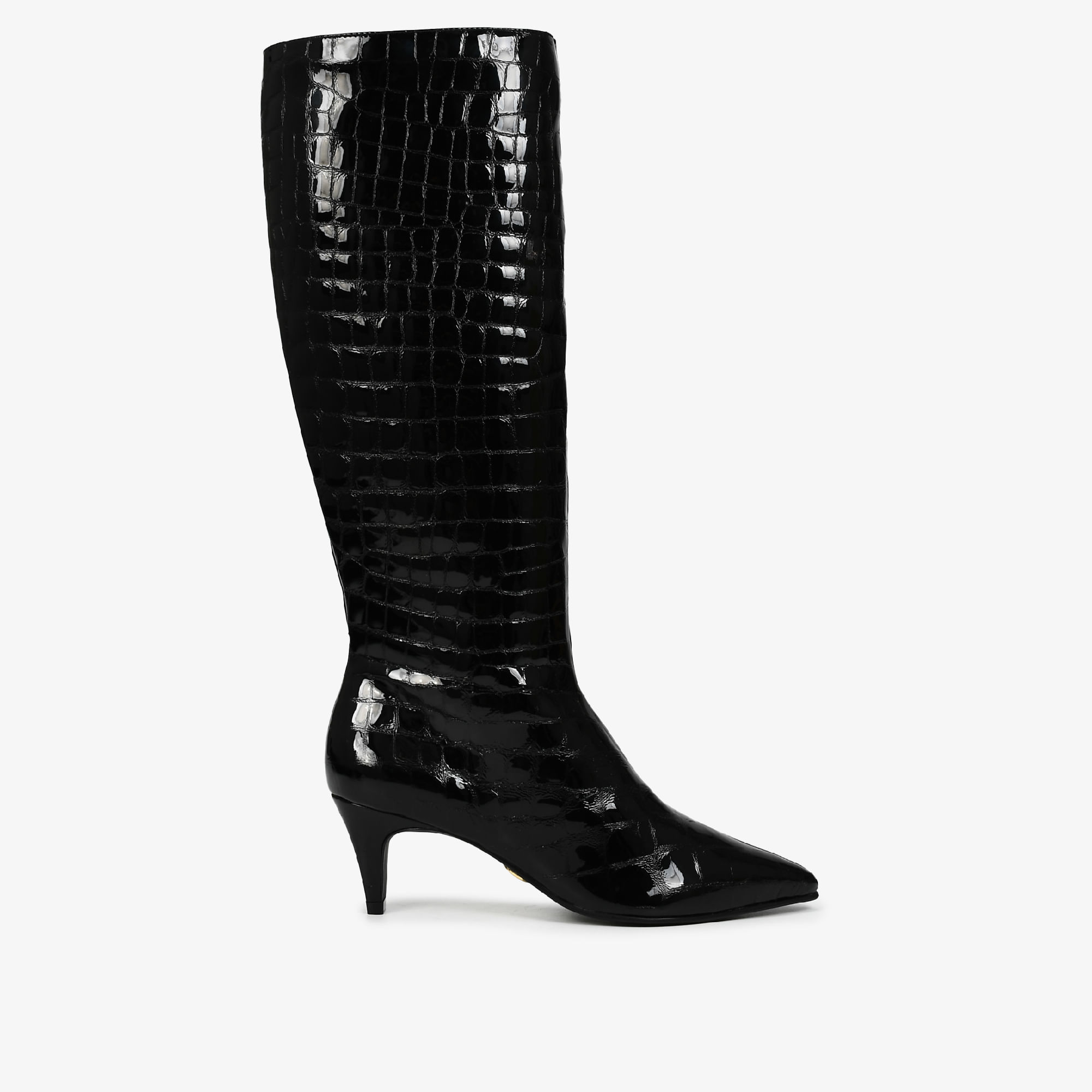 Bota Preto Bico Fino Couro Croco