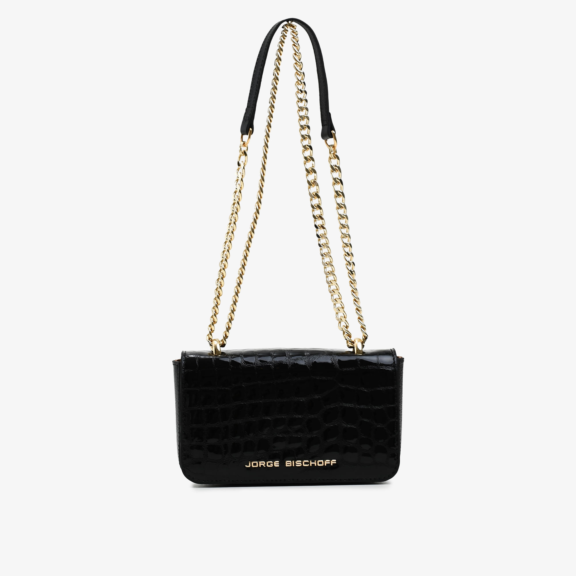 Bolsa Transversal Preto Dourado Couro Croco
