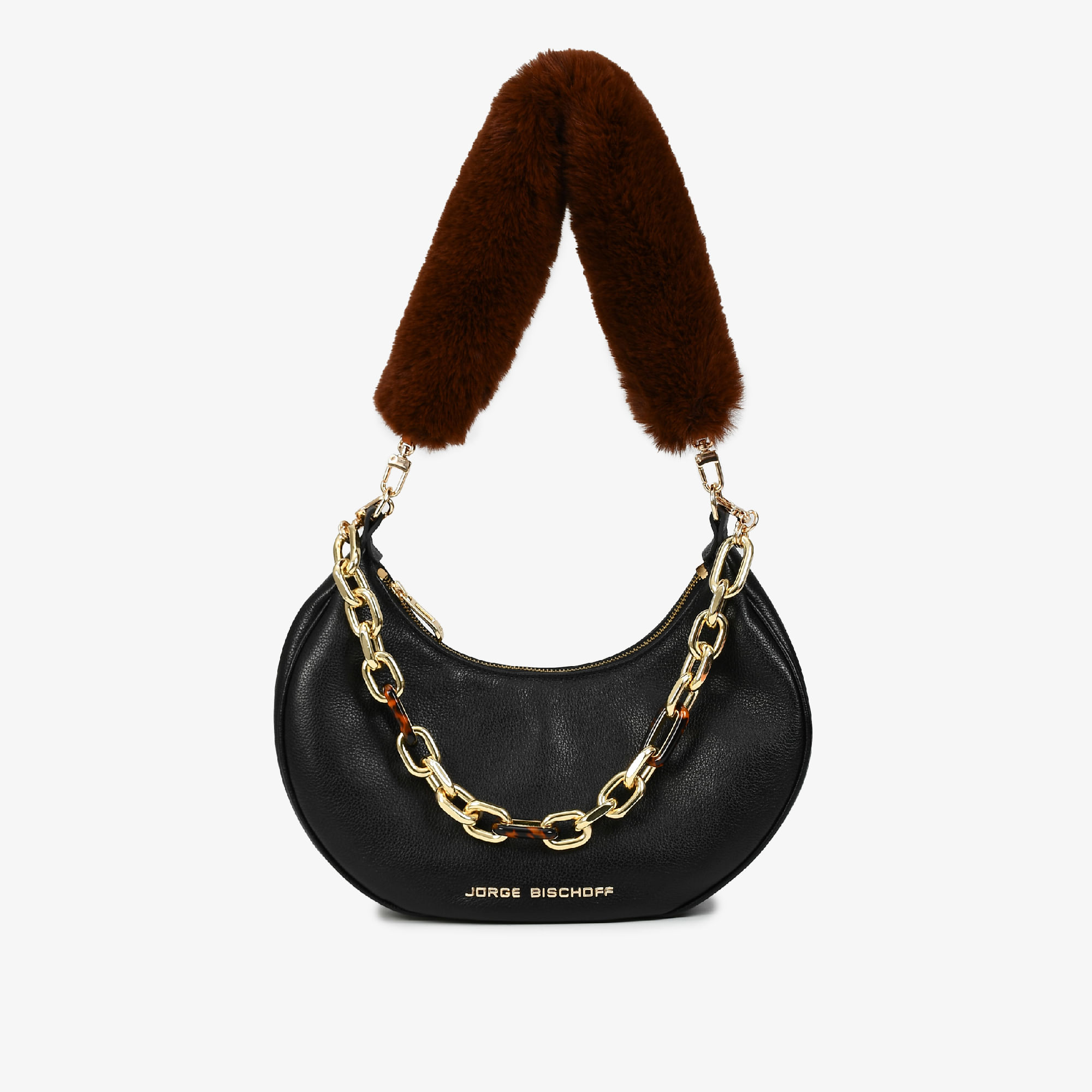 Bolsa De Ombro Preto Alça De Pelo Removível Couro