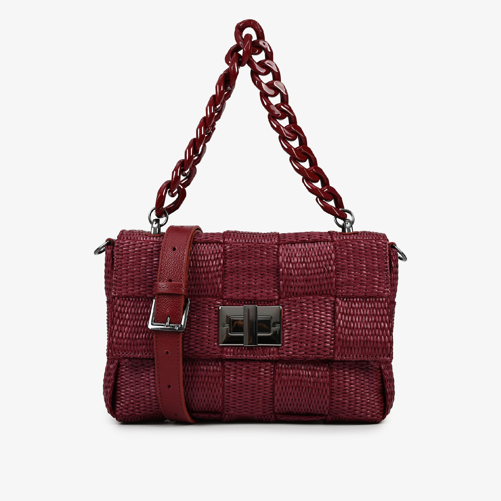 Bolsa Transversal Vinho Cabernet Ráfia Alça Couro