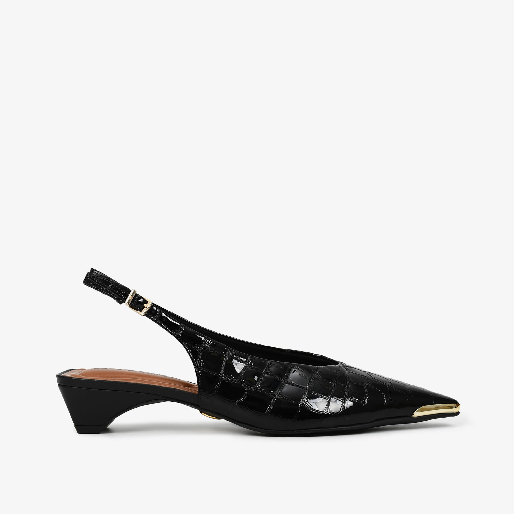 Slingback Preto Dourado Couro Croco